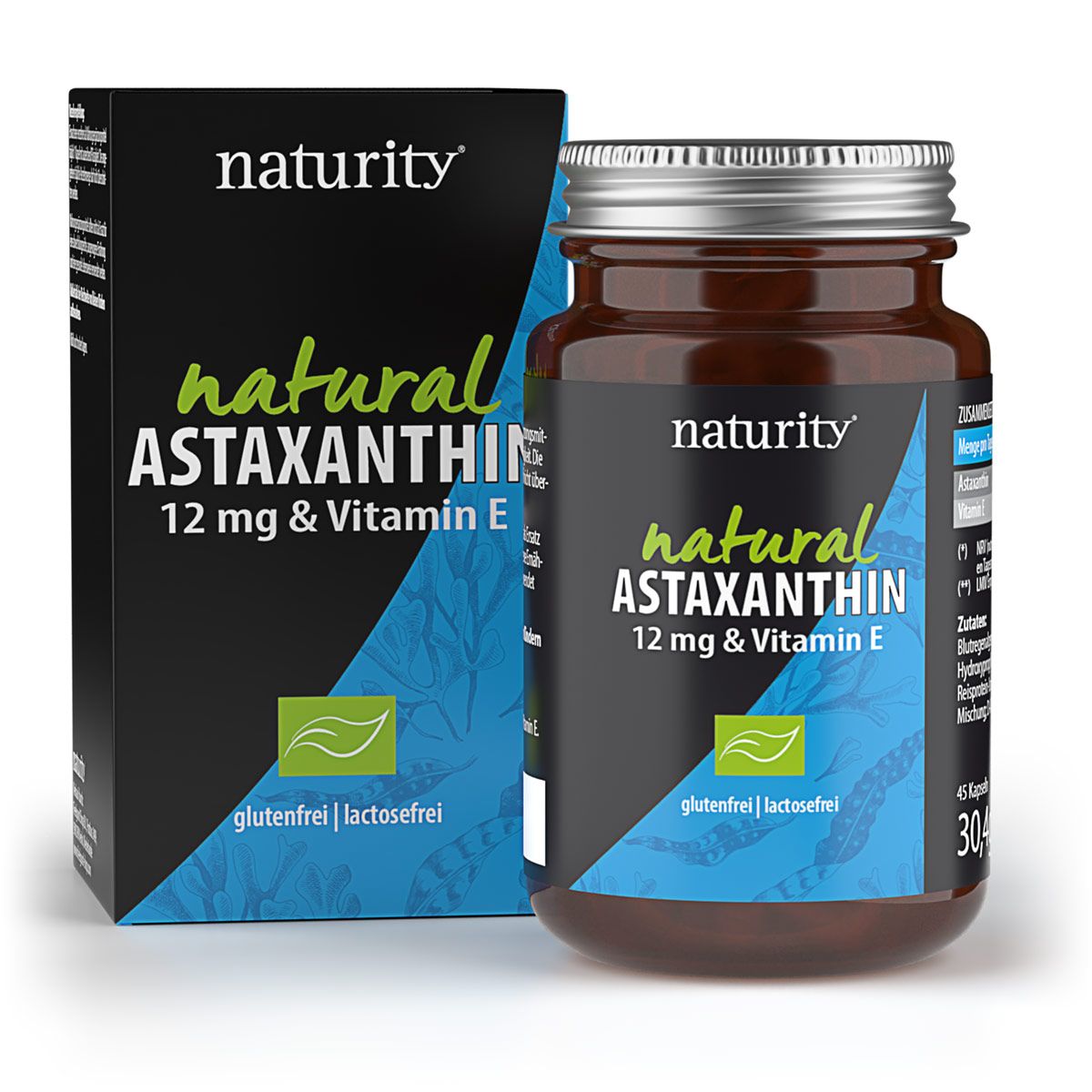 Braune Glasflasche und Schachtel mit "naturity natural ASTAXANTHIN 12 mg & Vitamin E"-Aufdruck. Glutenfrei, lactosefrei.