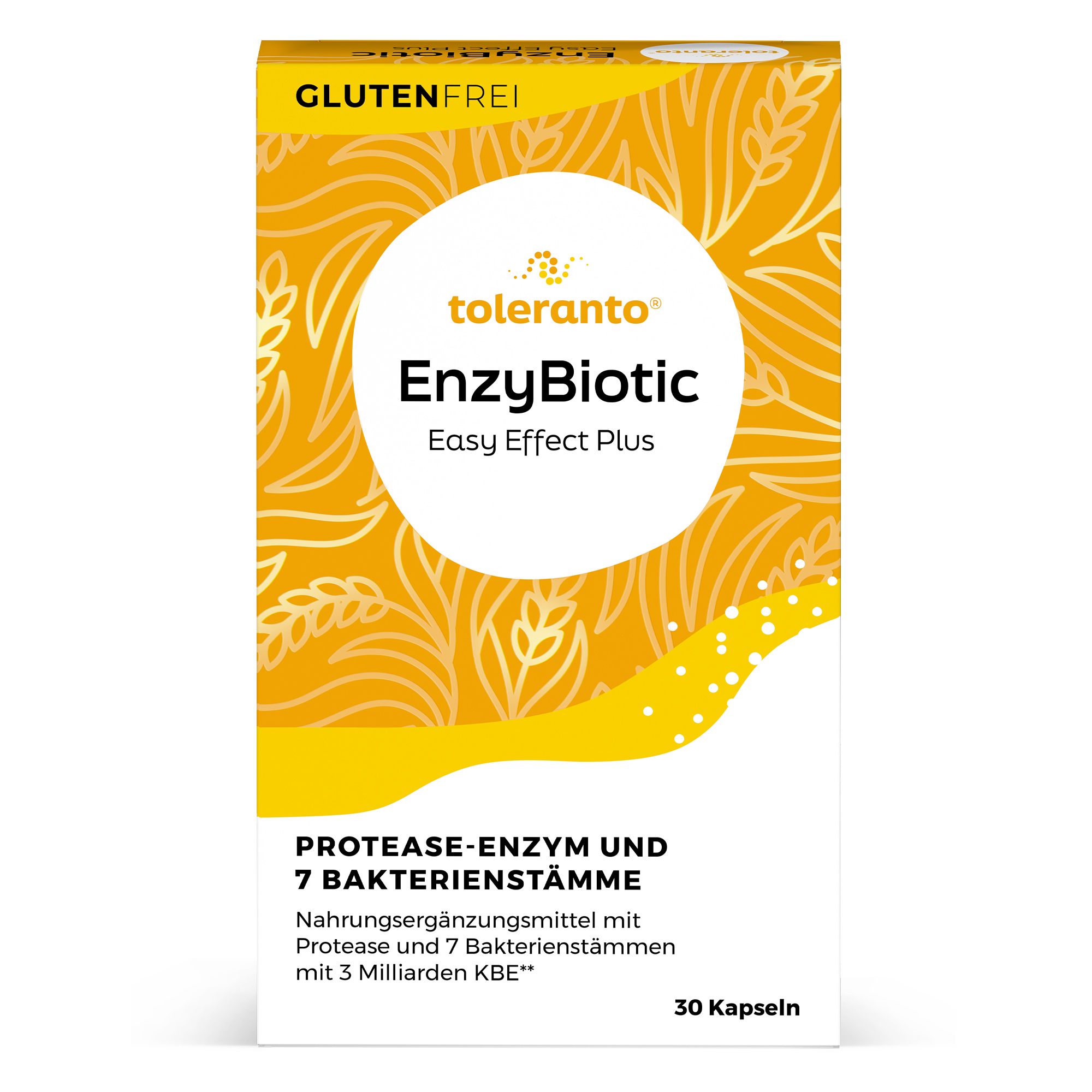 Verpackung von EnzyBiotic. Aufschrift: Glutenfrei, toleranto, EnzyBiotic Easy Effect Plus, Protease-Enzym und 7 Bakterienstämme. 30 Kapseln.