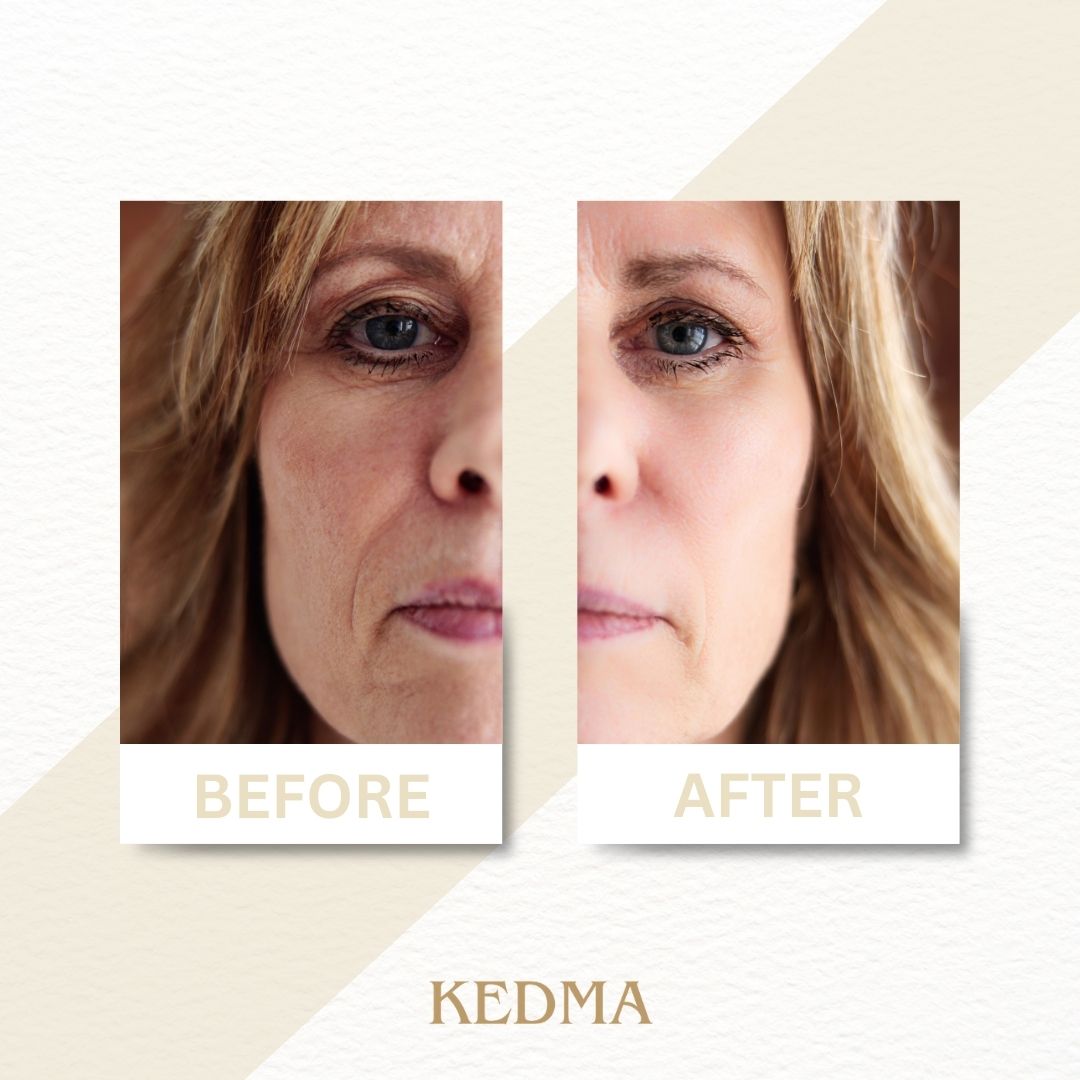 Comparaison avant-après de deux moitiés de visage. Texte : BEFORE, AFTER. Logo Kedma.