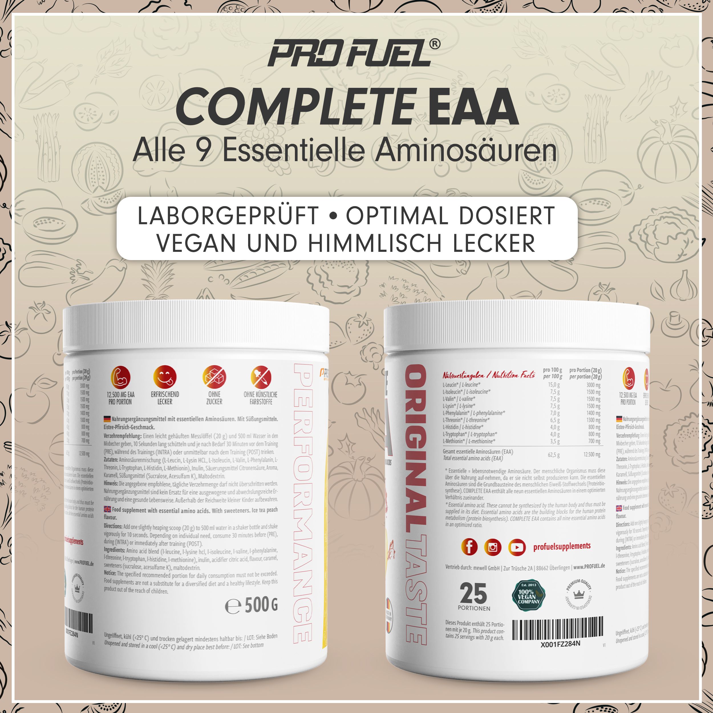 ProFuel Complete EAA-Pulver, Dose mit 500g. Aufschrift: Alle 9 essentiellen Aminosäuren, Laborgeprüft, optimal dosiert, vegan und himmlisch lecker. Rückseite mit Nährwertangaben.