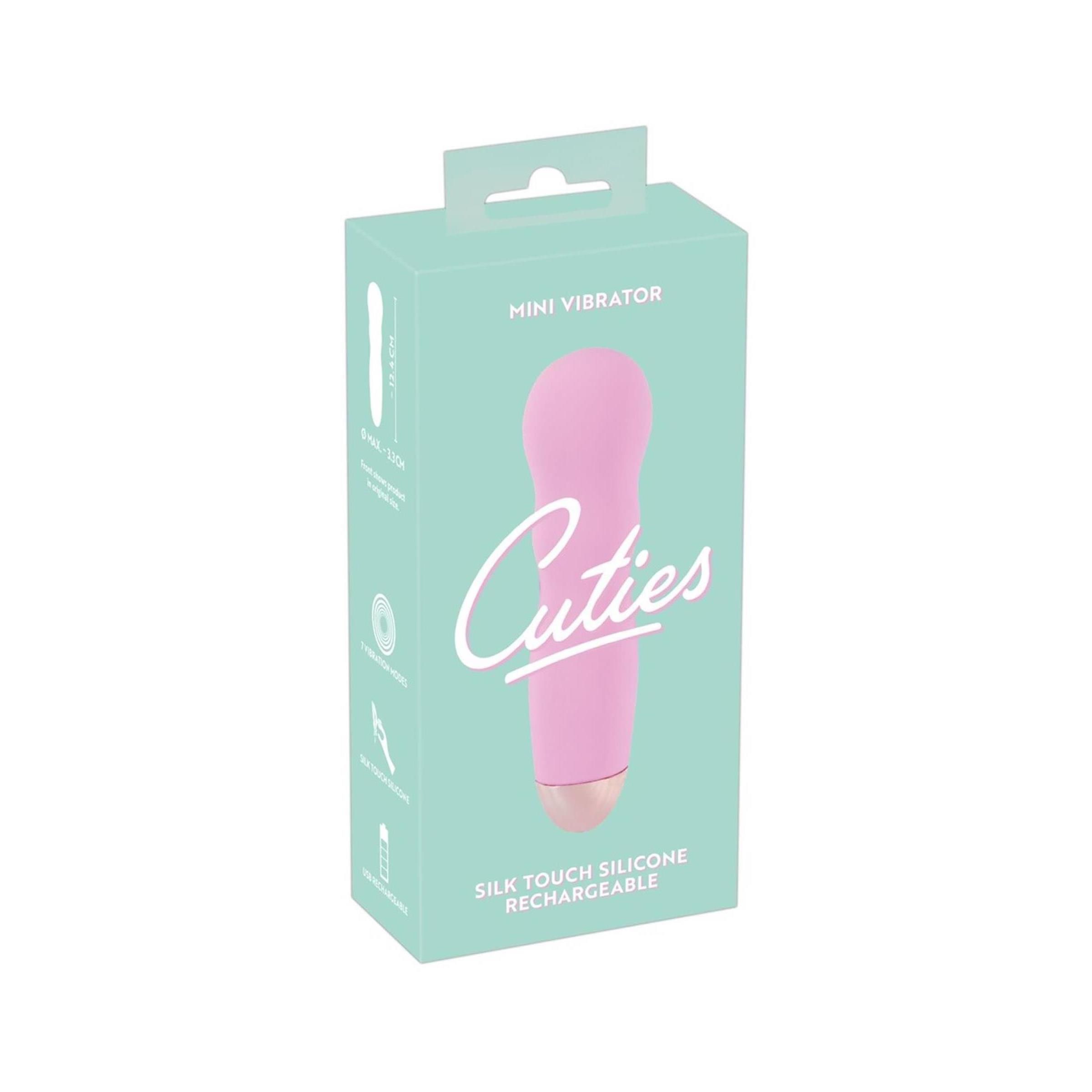 Verpackung für Mini-Vibrator. Türkis, mit Produktbild. Aufschrift: Cuties, Mini Vibrator, Silk Touch Silicone.