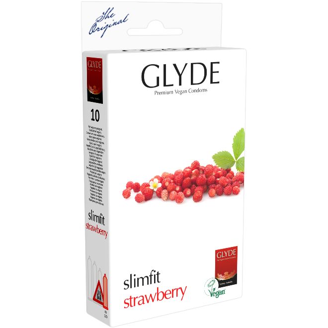 Glyde Ultra *Slimfit Strawberry* schmale Erdbeer-Kondome, zertifiziert mit der Vegan-Blume