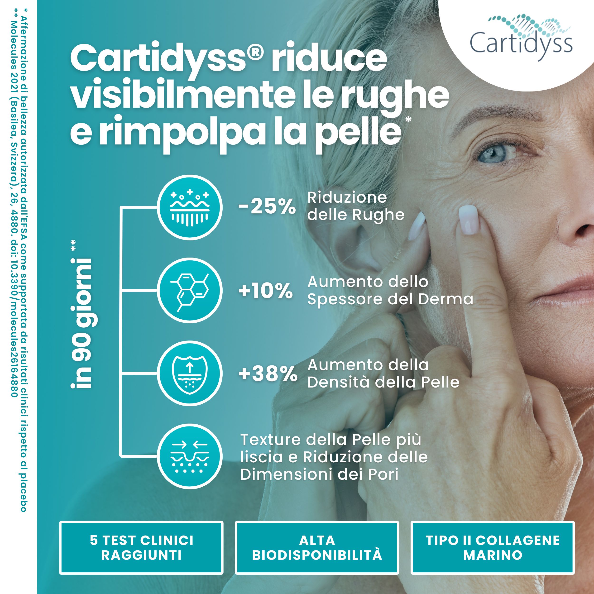 Grafico che mostra i risultati di Cartidyss®: riduzione delle rughe, aumento della densità e dello spessore del derma. 5 test clinici.