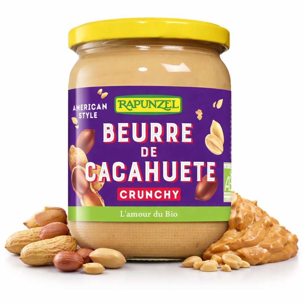 Rapunzel Erdnussbutter Crunchy im Glas. Amerikanischer Stil, Bio-zertifiziert.
