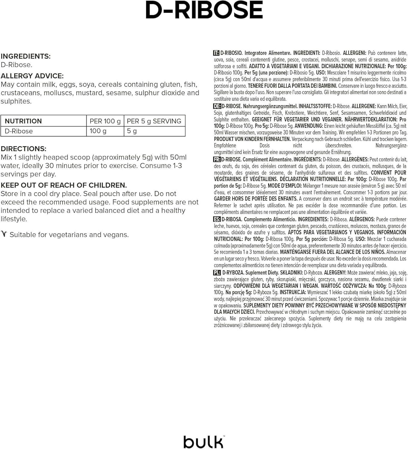 Weißer Beutel mit "D-RIBOSE"-Aufdruck und Zutatenliste. Enthält Informationen zu Allergenen und Nährwerten.