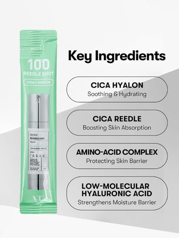 Einzelverpackung mit Produktabbildung und Aufschrift "100 Reedle Shot". Aufschrift "Key Ingredients" und Inhaltsstoffe.