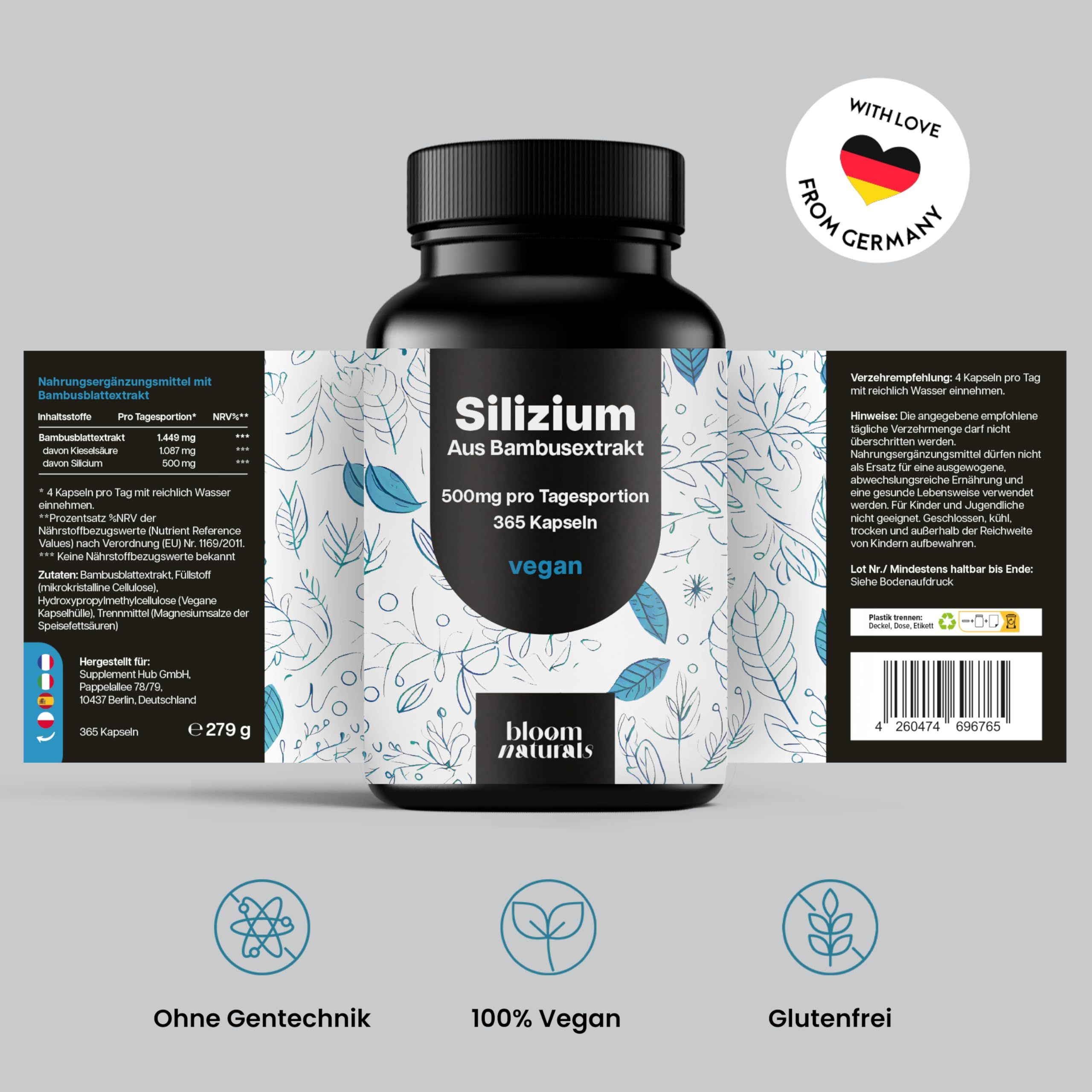Drei Ansichten der Dose Silizium Kapseln von Bloom Naturals. Mit "Made in Germany" Siegel.