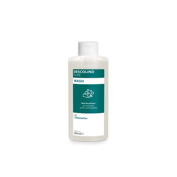 Flasche Descolind Pure Wash Waschlotion. Weißes Behältnis mit grünem Etikett. Text: Descolind Pure Wash, Dr. Schumacher. 500ml.