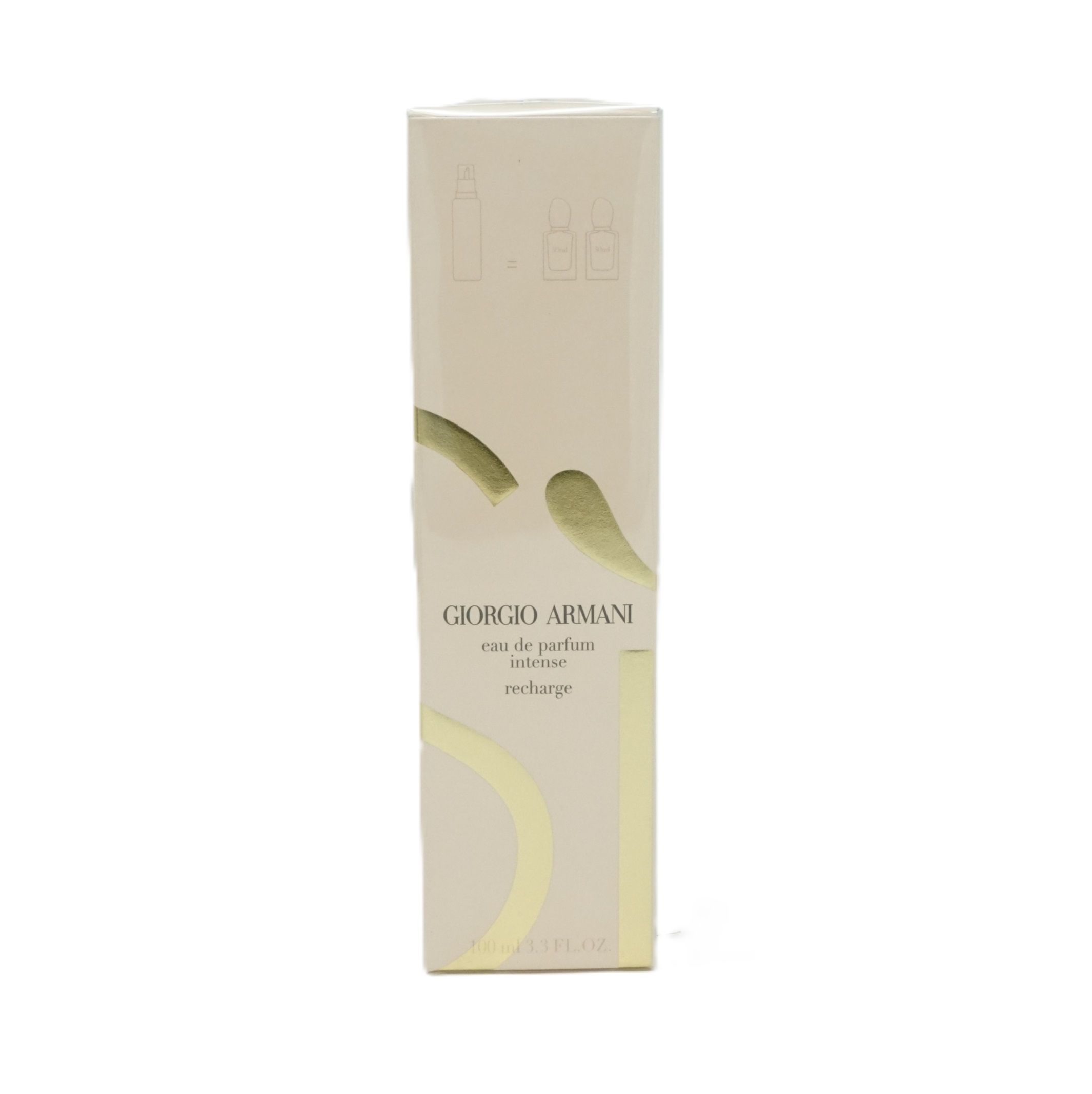 Giorgio Armani Si Eau de Parfum Intense Recharge. Rechteckige Verpackung mit Produktnamen und Logo. Beige-farben.