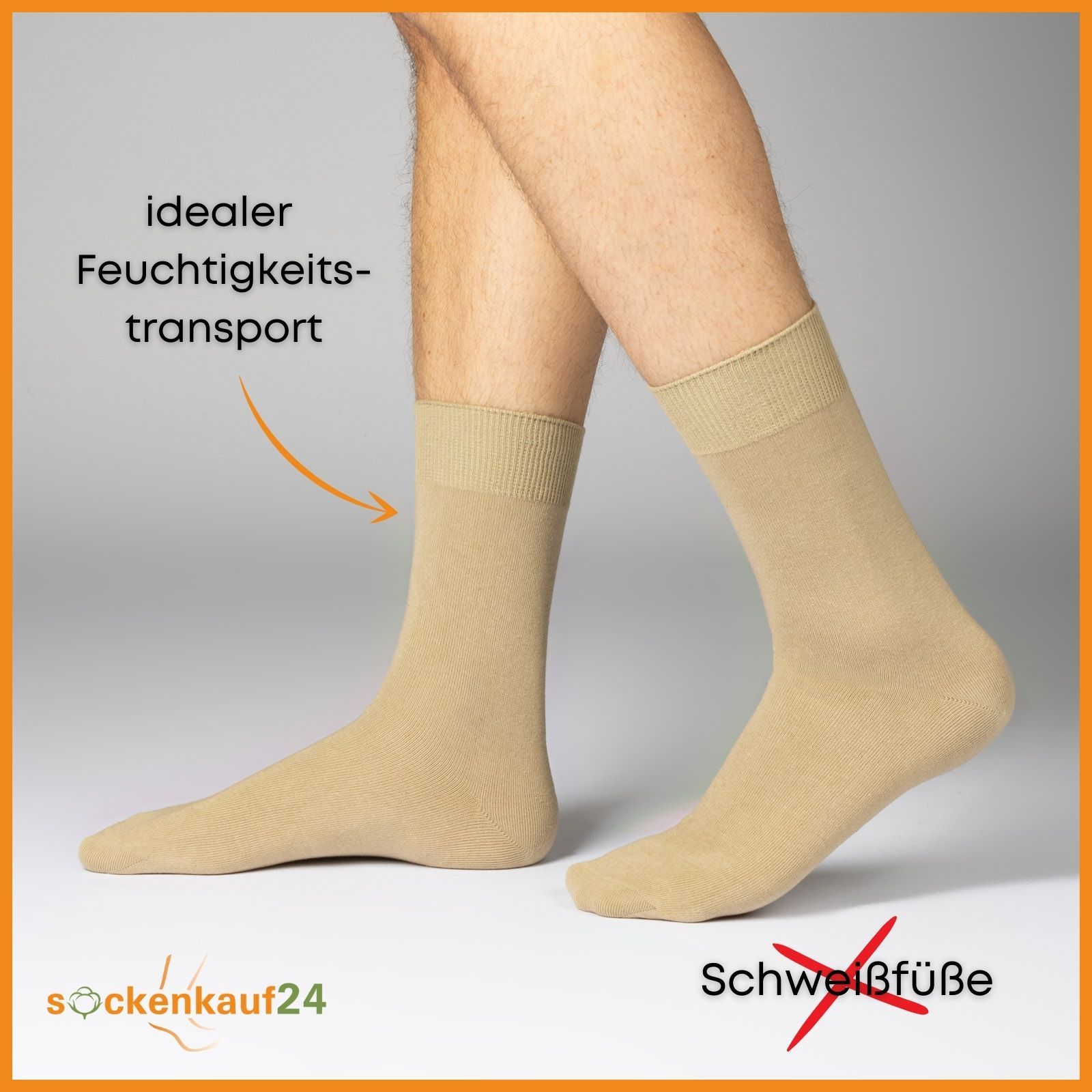 Person trägt beige Socken. Text: "idealer Feuchtigkeitstransport" und "Schweißfüße".