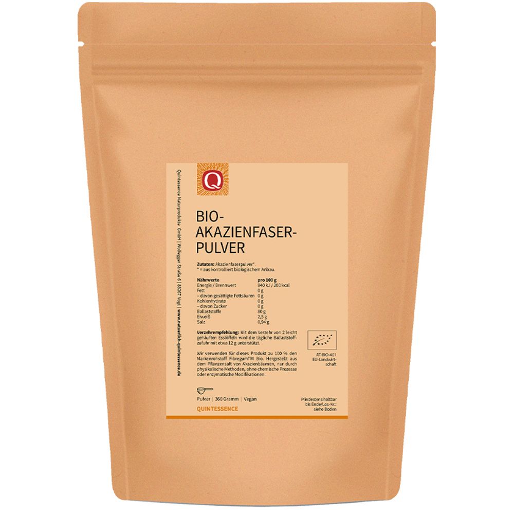 Braune Papiertüte mit Bio-Akazienfaserpulver. Enthält Nährwertangaben und Bio-Siegel.