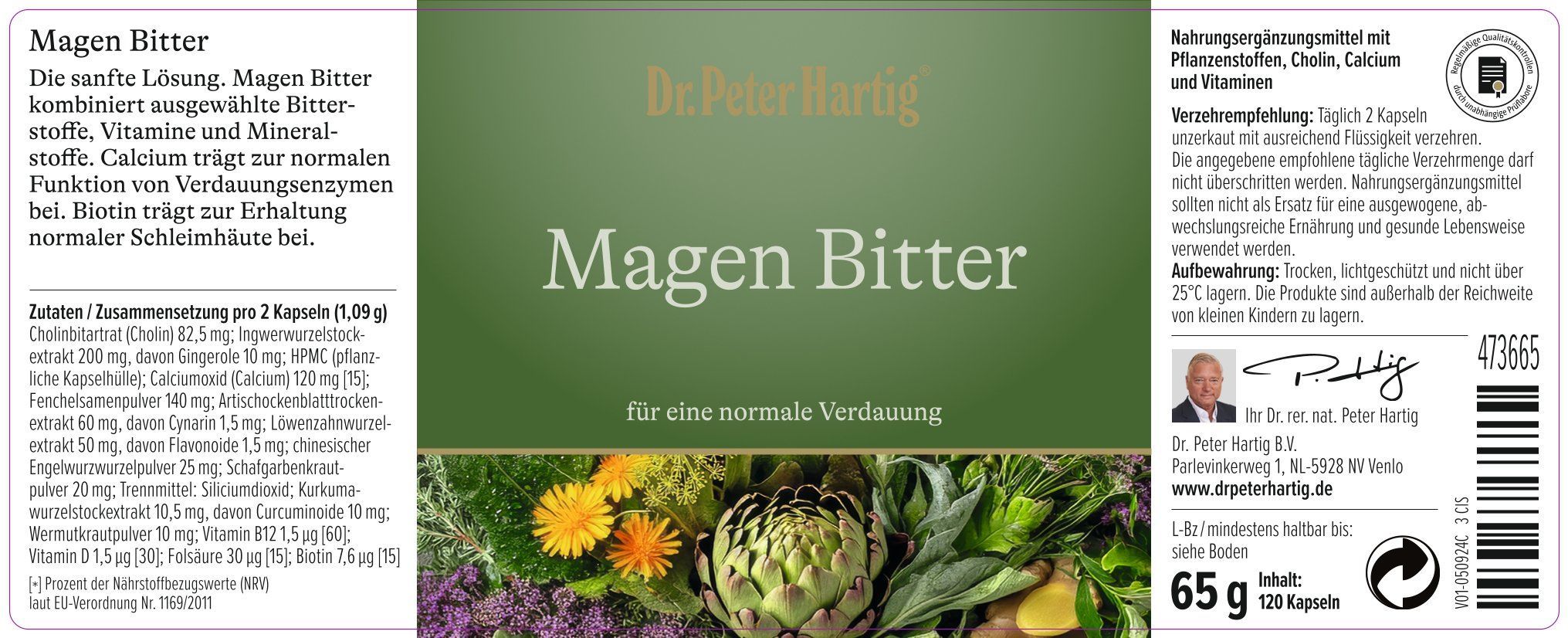 Produktetikett mit Text: Magen Bitter, für eine normale Verdauung. Inhaltsstoffe, Nährwertangaben, Herstellerinformationen.
