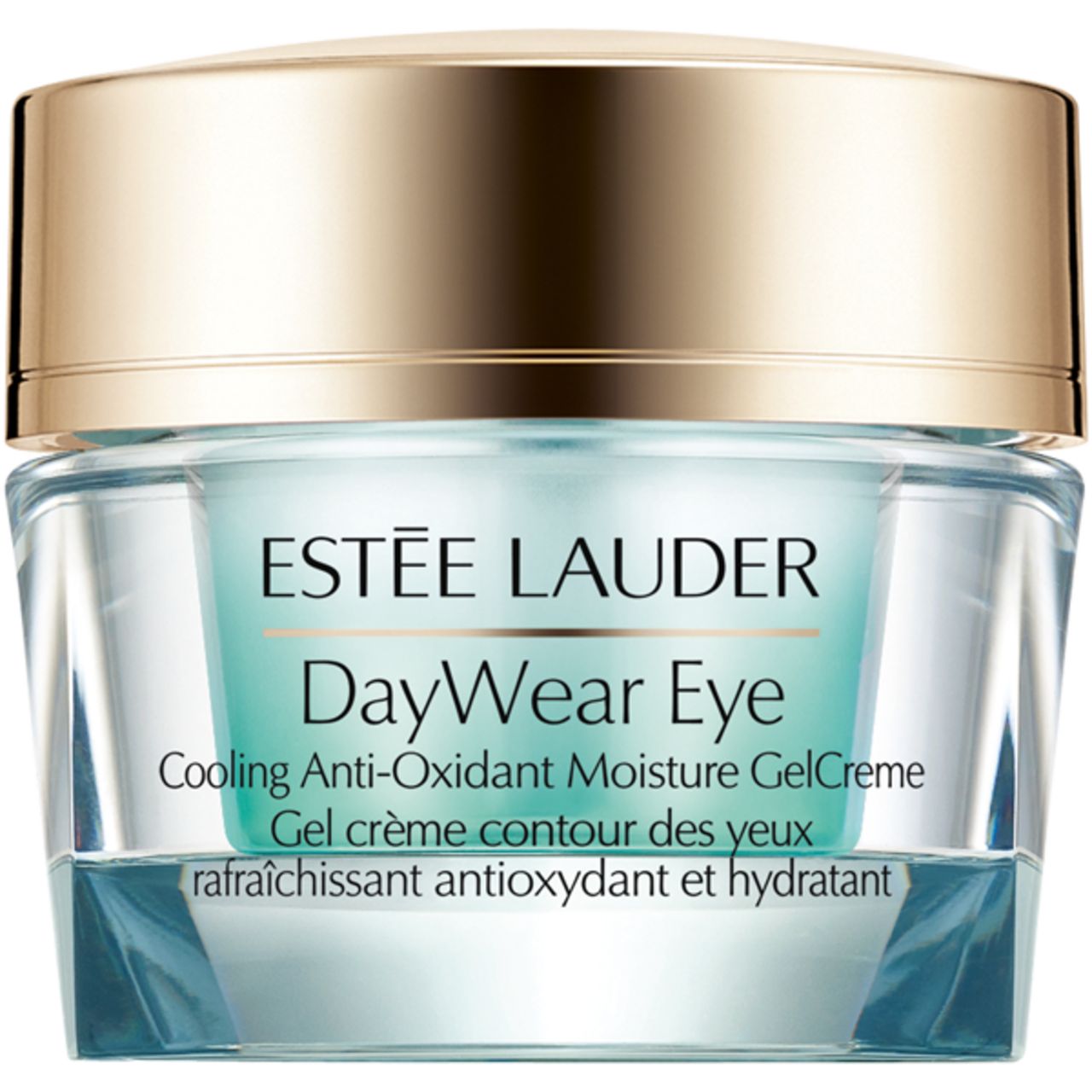 Estée Lauder DayWear Eye Gel-Creme. Glasbehälter mit goldfarbenem Deckel. Text: DayWear Eye, Cooling Anti-Oxidant Moisture GelCreme.