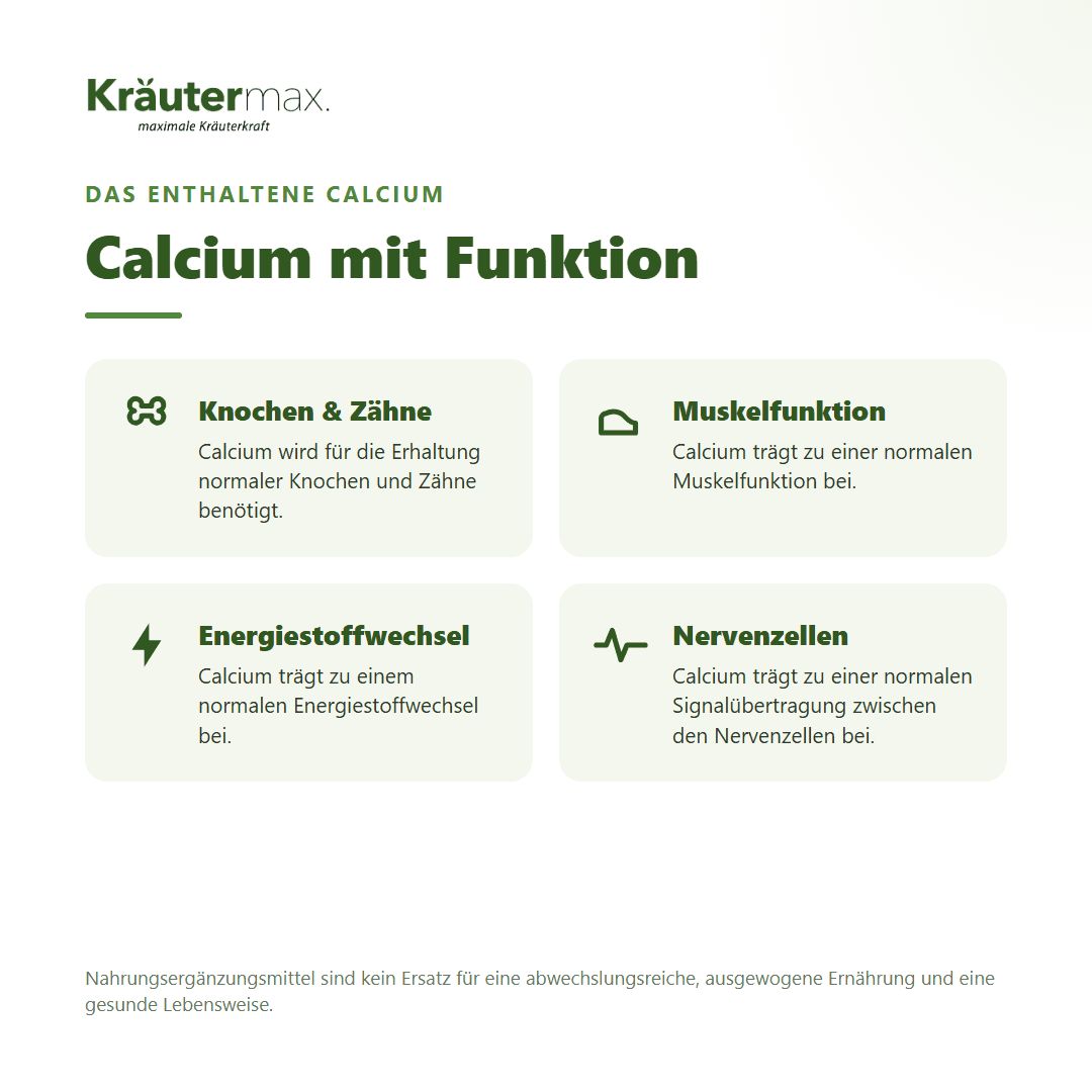 Übersicht 'Calcium als Citrat' mit 501 mg Calcium, organisch gebunden, gut verträglich und vegan.