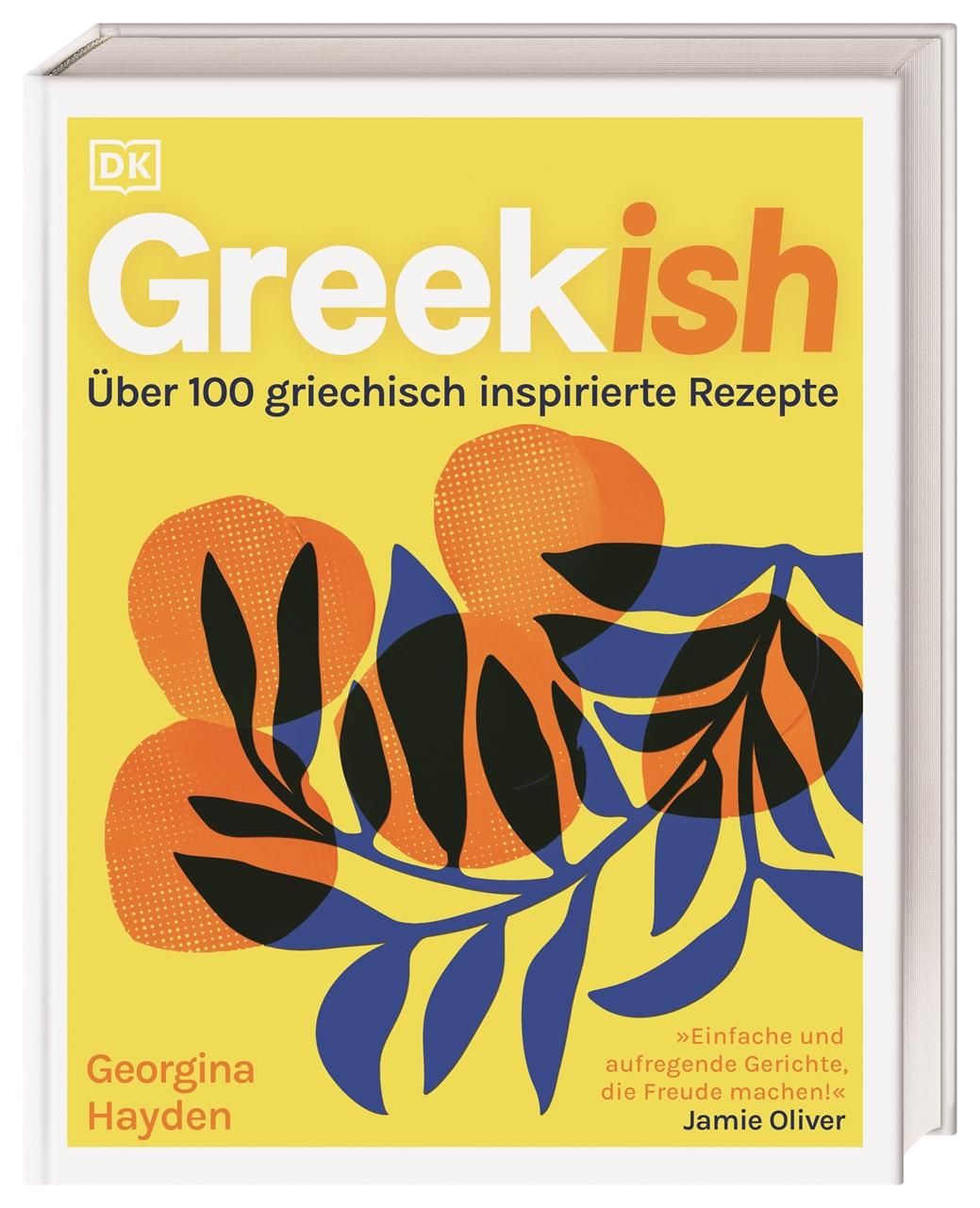 Buchcover von Greekish. Gelber Hintergrund mit Illustrationen. Titel und Autor sichtbar.