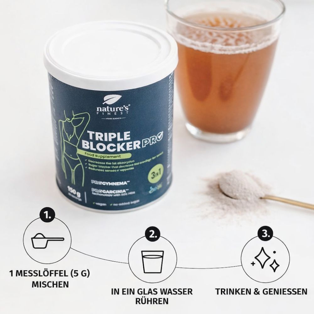 Nature's Finest Triple Blocker PRO Dose mit Zitronen und Blättern. Abnehmsupplement. Text: Gleiche Mahlzeiten = weniger Kalorien!