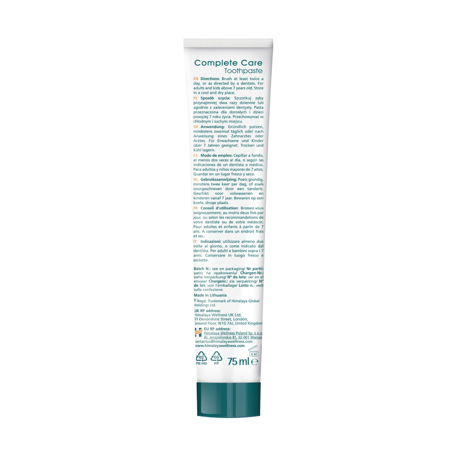 Himalaya Botanique Complete Care Zahnpasta-Tube mit 75ml Inhalt und Informationen.