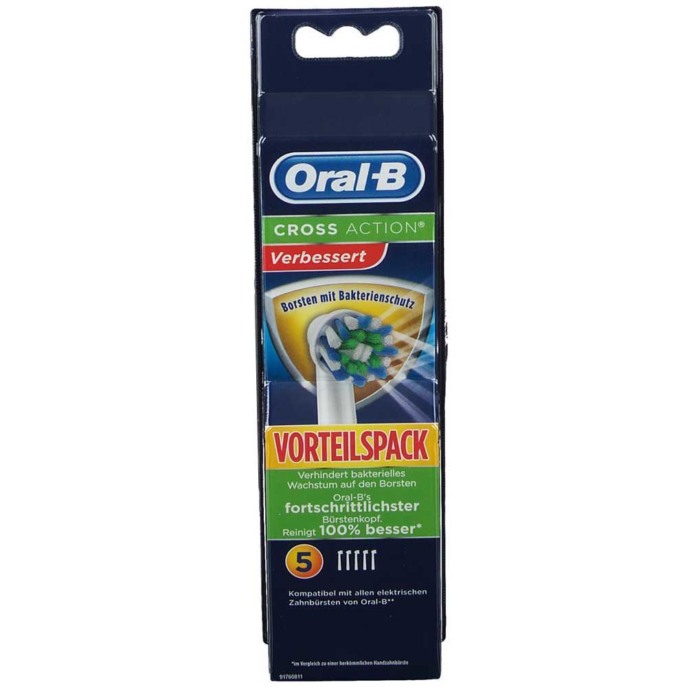 Verpackung mit 5 Aufsteckbürsten. Blau, mit Produktlogo und Text. Einzelne Bürsten mit grünen und blauen Borsten.