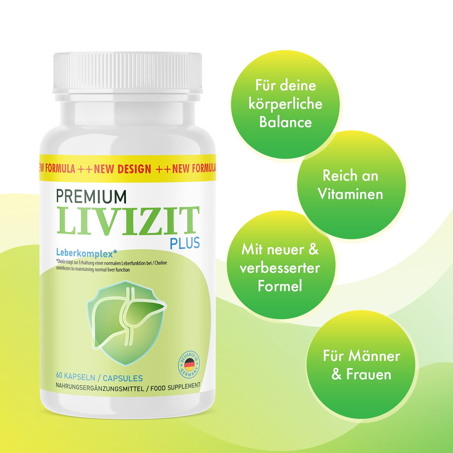 Weiße Flasche mit Kapseln. Aufschrift: PREMIUM LIVIZIT PLUS, Leberkomplex. Grüne Kreise mit Text: Für deine körperliche Balance, Reich an Vitaminen, etc.