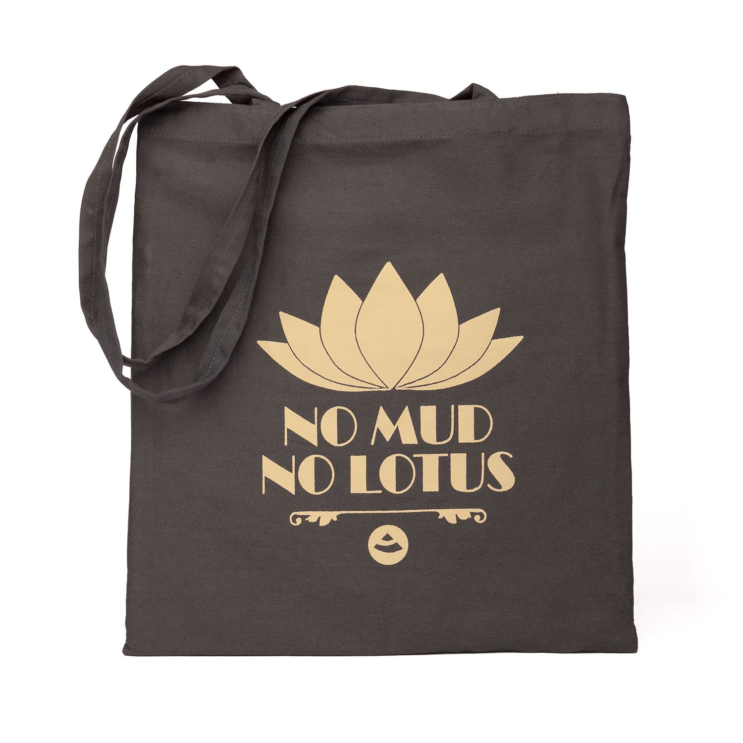 Dunkelgraue Baumwolltasche mit goldenem Lotusblüten-Design und Schriftzug "No Mud No Lotus". Zwei Henkel.