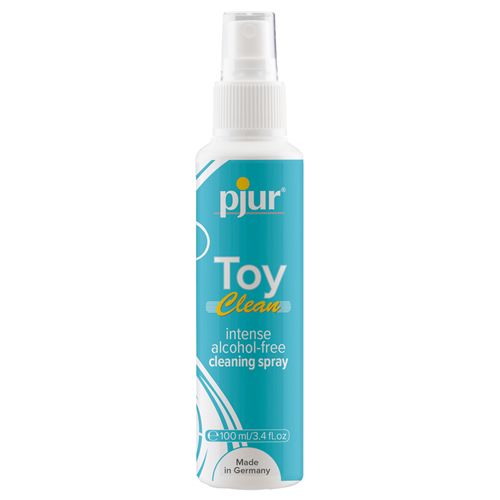Weiße Sprühflasche mit blauem Etikett. Aufschrift: pjur Toy Clean, intense alcohol-free cleaning spray. 100 ml/3.4 fl oz.