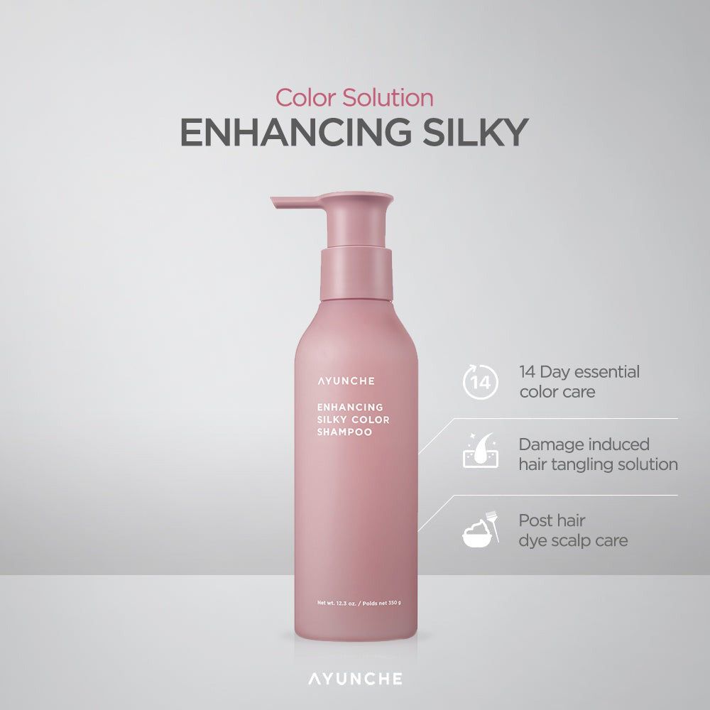Rosa Shampoo-Flasche mit Pumpe. Text: Enhancing Silky Color Shampoo. Grafiken: 14 Tage Pflege, Haarpflege.
