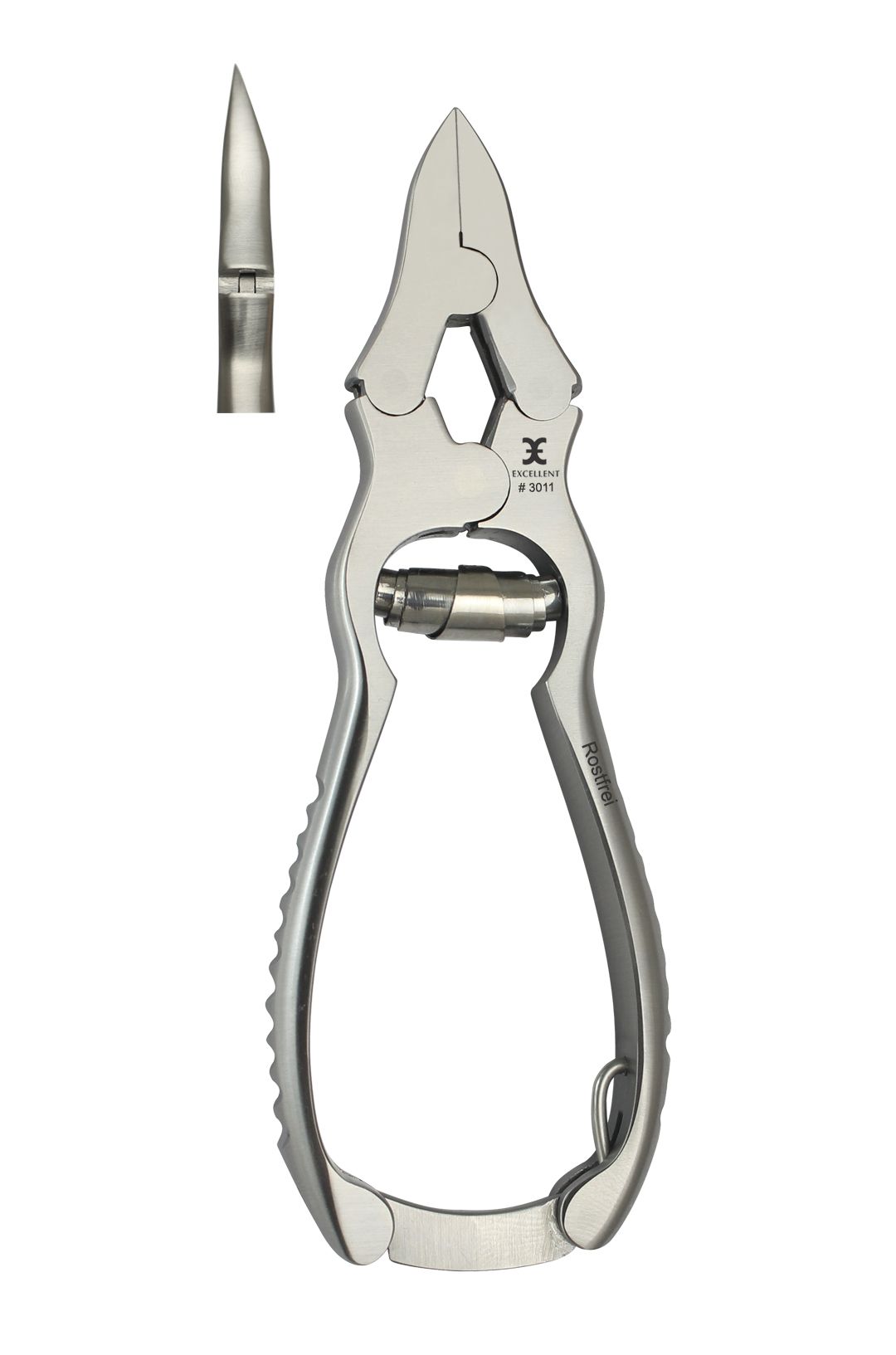 Nagelzange aus Edelstahl. Ergonomischer Griff, rostfrei. Zusätzliche Nahaufnahme der Schneide. Marke und Modellnummer sichtbar.