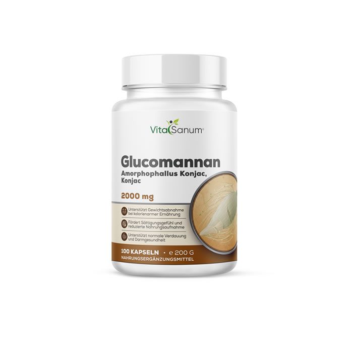 Weiße Flasche mit Kapseln. Aufschrift: VitaSanum, Glucomannan 2000 mg. Abbildung Konjak-Wurzel. 100 Kapseln.