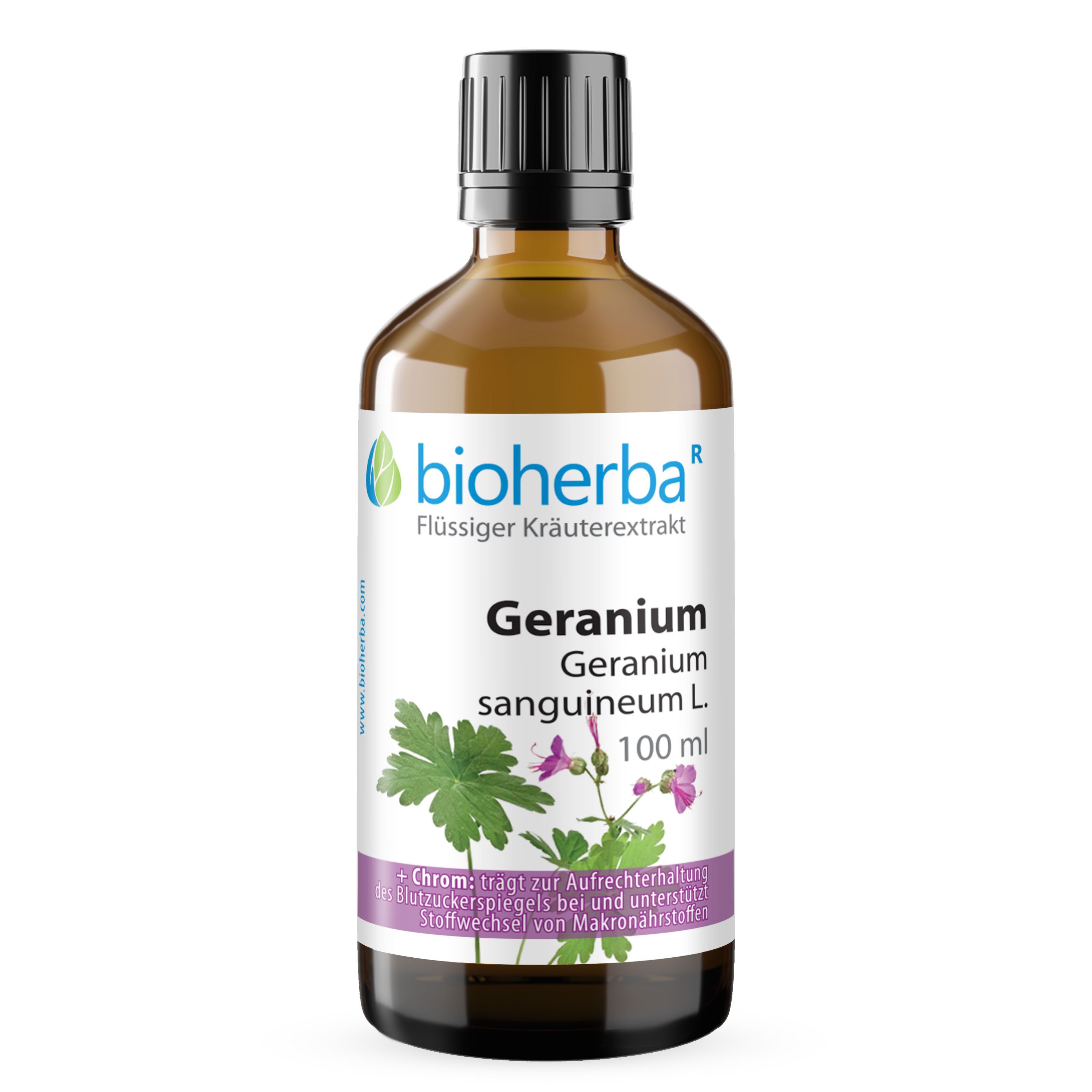 Braune Glasflasche mit schwarzem Deckel. Bioherba Geranium, Geranium sanguineum L. Tinktur, 100 ml. Etikett mit Produktinformationen.