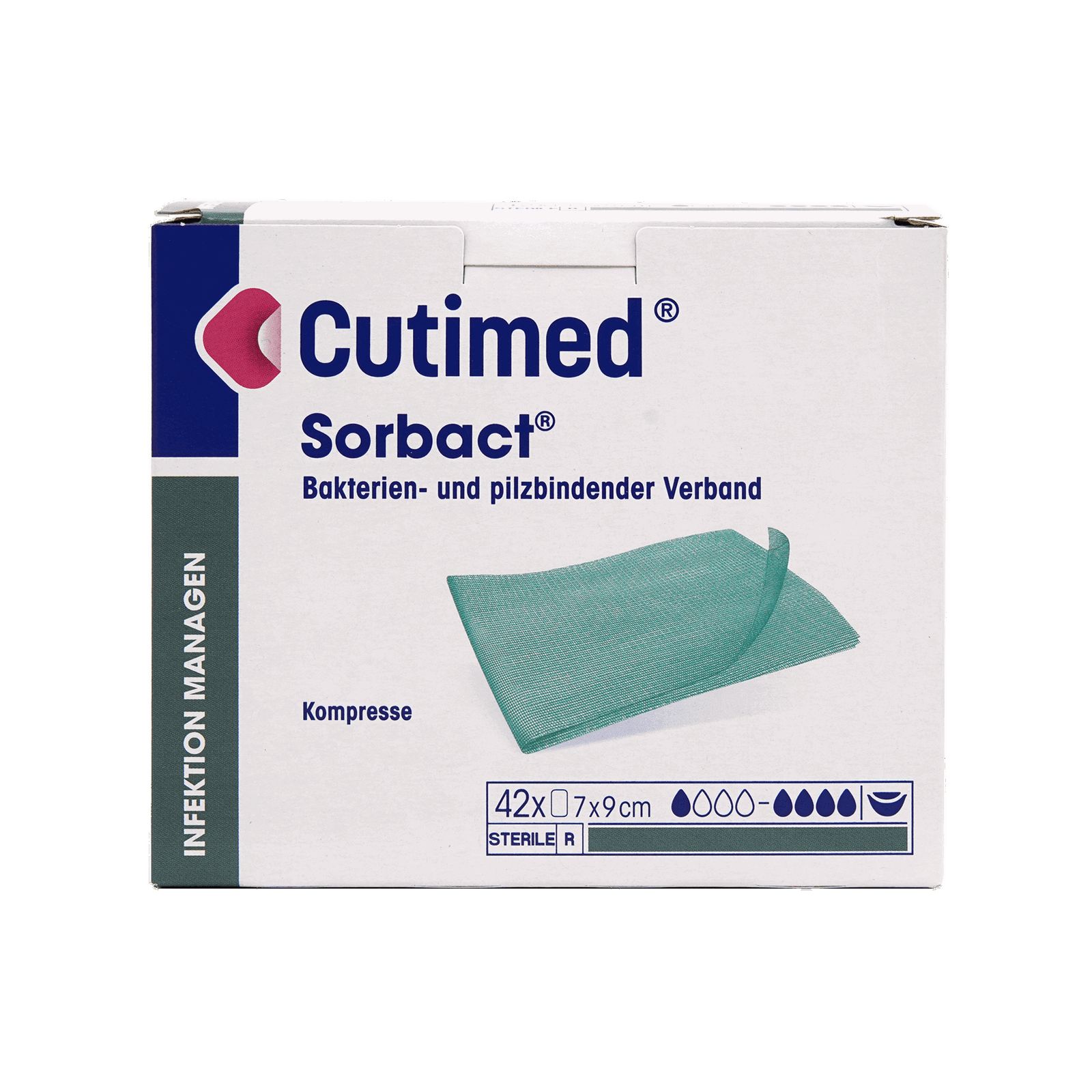 Verpackung von Cutimed Sorbact. Auf der Verpackung ist ein grüner Verband abgebildet. Text: Bakterien- und pilzbindender Verband, Kompresse.
