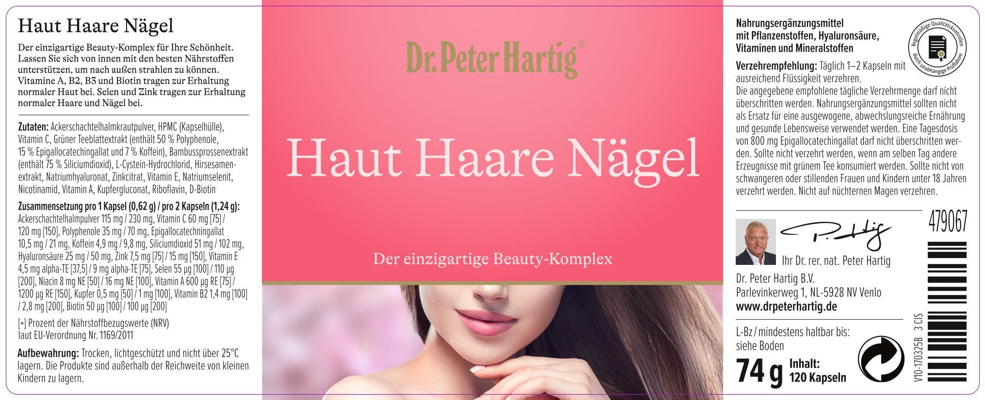 Produktetikett mit Text und Inhaltsstoffen. Aufschrift: Haut Haare Nägel. Der einzigartige Beauty-Komplex. Dr. Peter Hartig Logo.