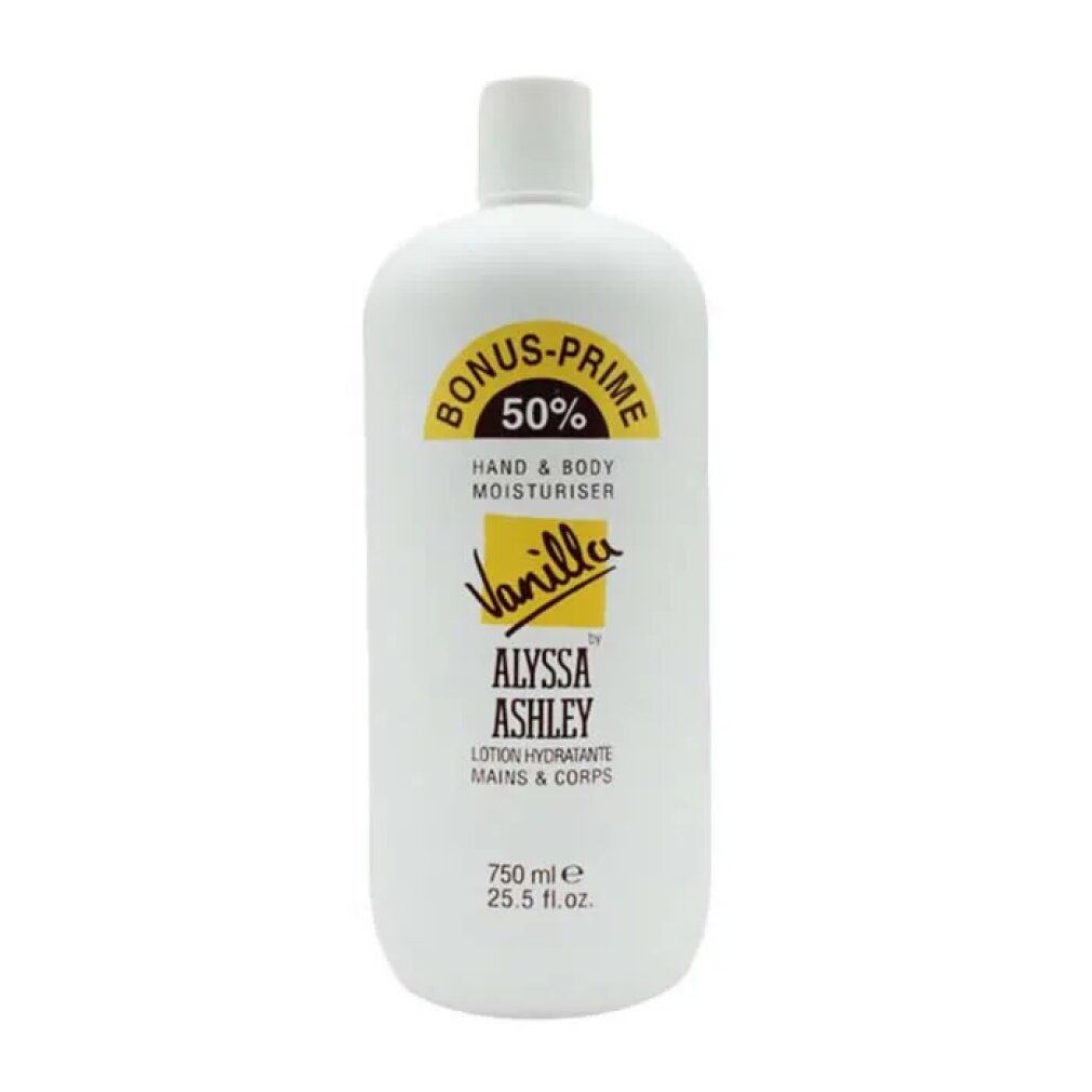Weiße Flasche mit gelbem Etikett. Aufschrift: Alyssa Ashley Vanilla Hand & Body Moisturiser. 750 ml.