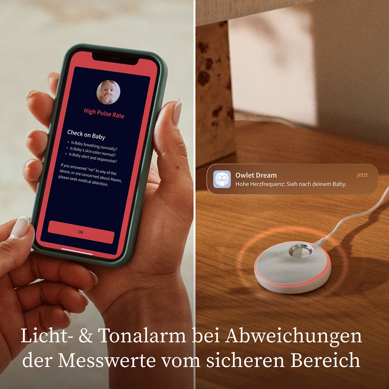Smartphone mit Warnmeldung: Hohe Herzfrequenz. Basisstation mit rotem Licht. Text: Licht- & Tonalarm bei Abweichungen der Messwerte.