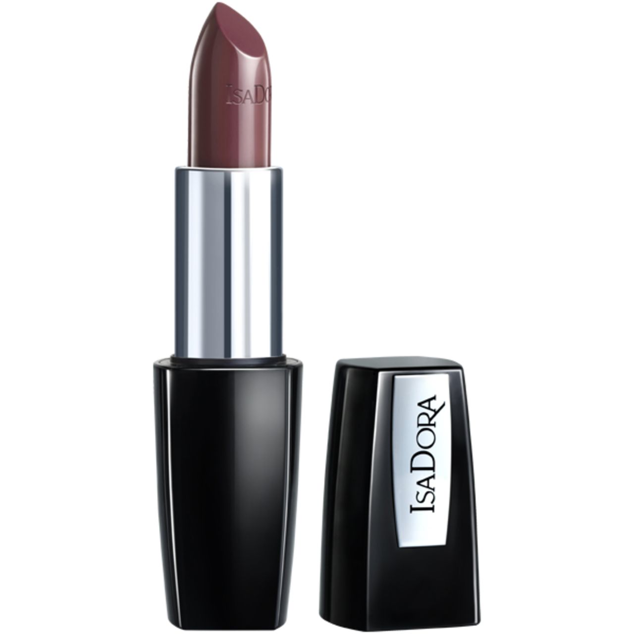 IsaDora Perfect Moisture Lipstick, geöffnet. Schwarzer Behälter, silberne Hülse, rosafarbener Lippenstift.