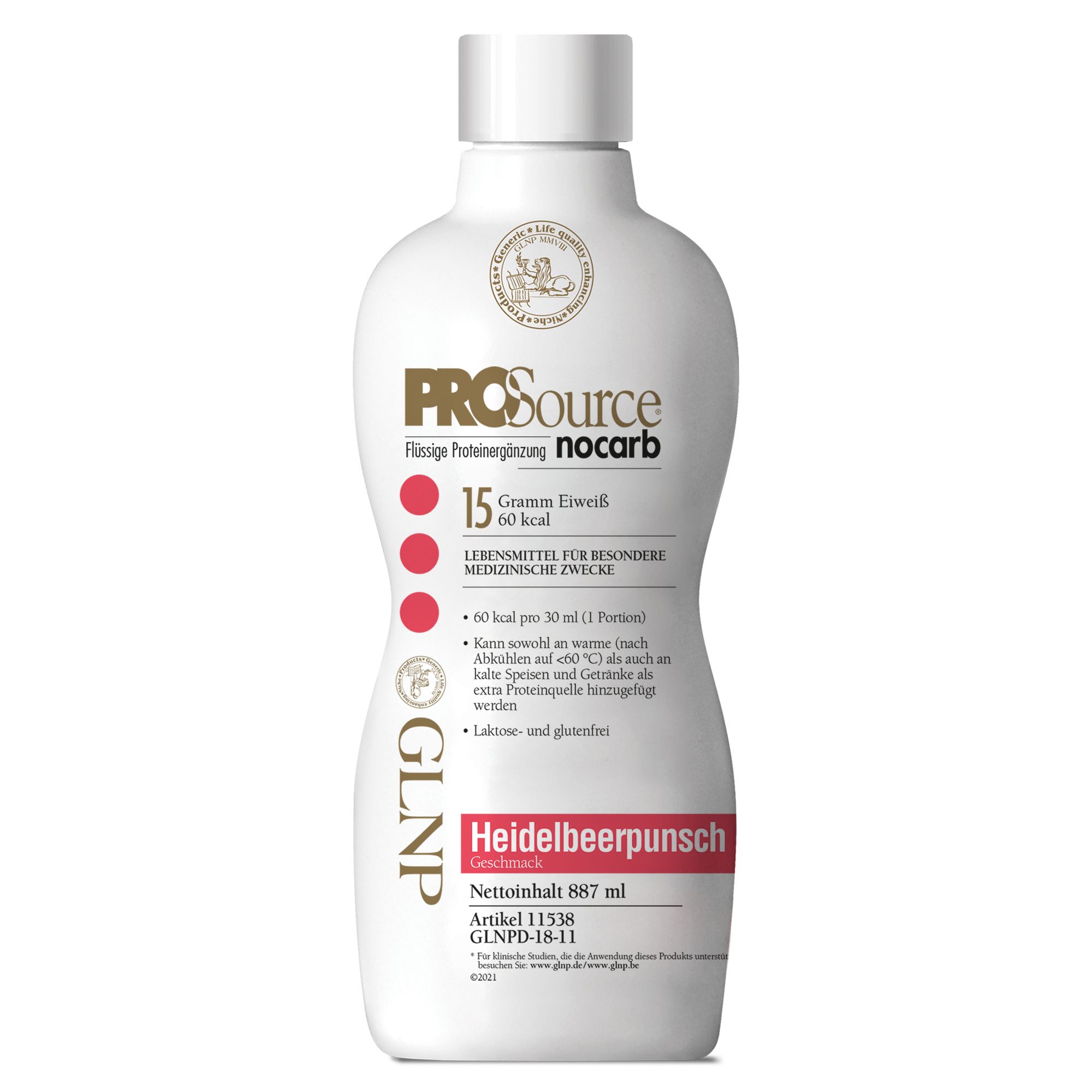 Weiße Flasche mit PROSource Nocarb-Etikett. Heidelbeerpunsch, 15g Eiweiß, 60 kcal. GLNP-Logo. Text in deutscher Sprache.
