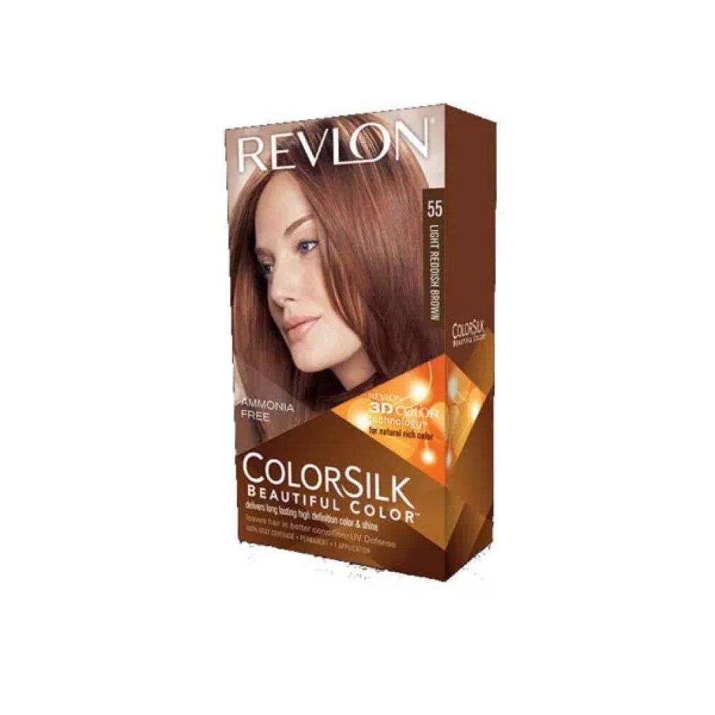 Revlon Colorsilk Haarfarbe, Farbton 55 Light Reddish Brown. Verpackung mit Frau, die das Ergebnis zeigt. 3D Color Gel Technologie.