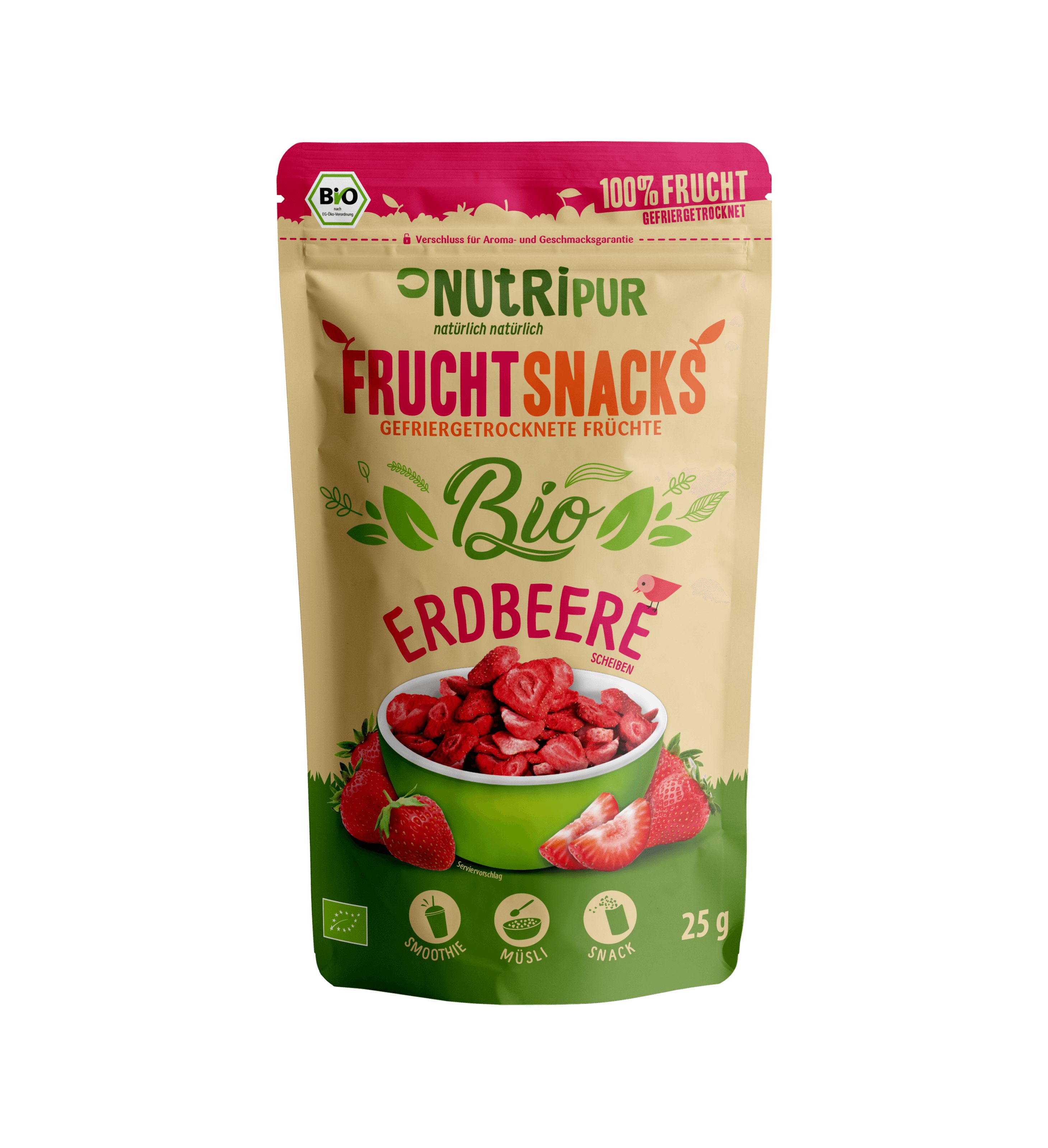 Beutel mit gefriergetrockneten Bio-Erdbeeren. Aufschrift: NutriPur, Fruchtsnacks, Bio, Erdbeere. Grün-rotes Design, 25g.