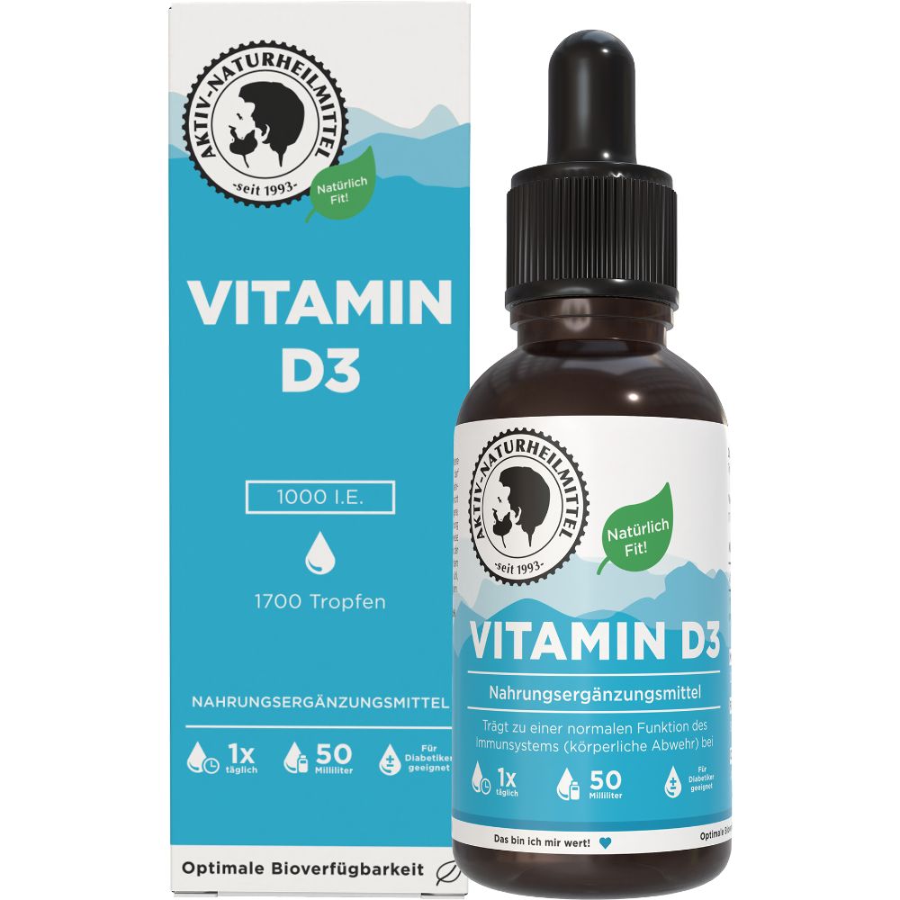 Vitamin D3 Tropfen Flasche und Verpackung. Aufschrift: Aktiv Naturheilmittel, Vitamin D3 1000 I.E., 1700 Tropfen.