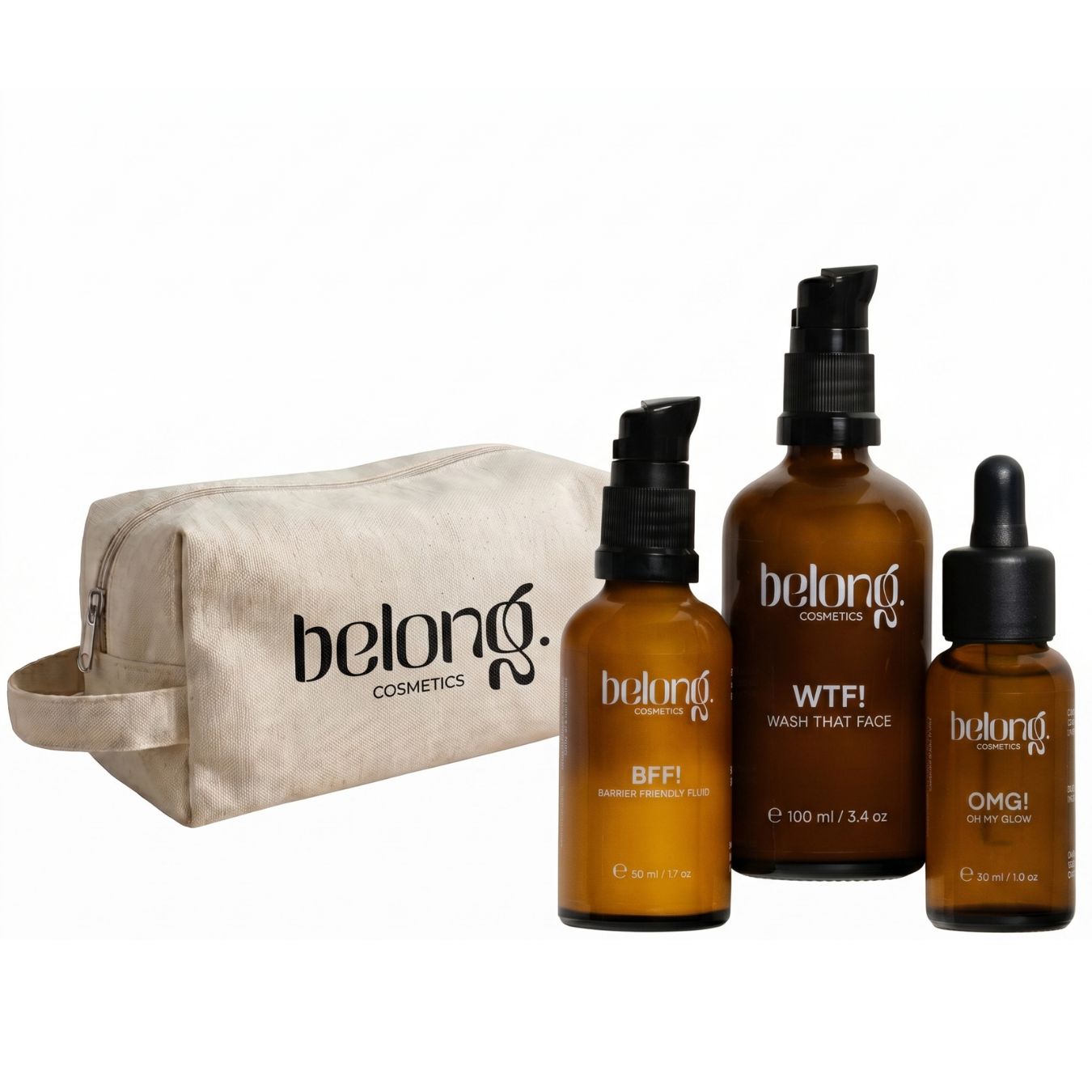 belong. cosmetics Routine Set Cleanser Hyaluronserum Gesichtsfluid Kosmetiktasche WTF OMG BFF BRB 1 St