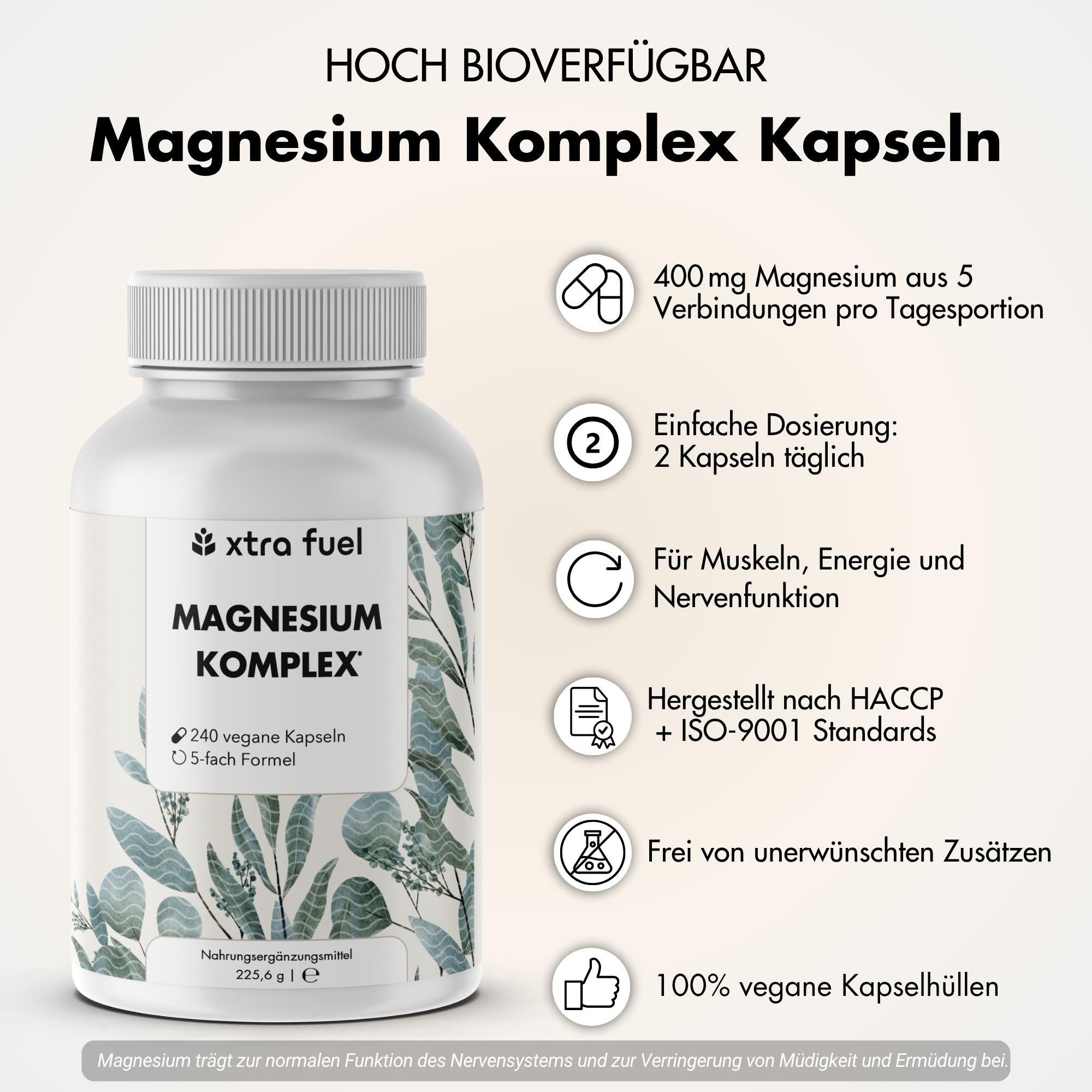 Produktabbildung mit Text. Magnesium Komplex Kapseln. 400 mg Magnesium. 2 Kapseln täglich. Für Muskeln, Energie und Nerven. HACCP + ISO-9001.