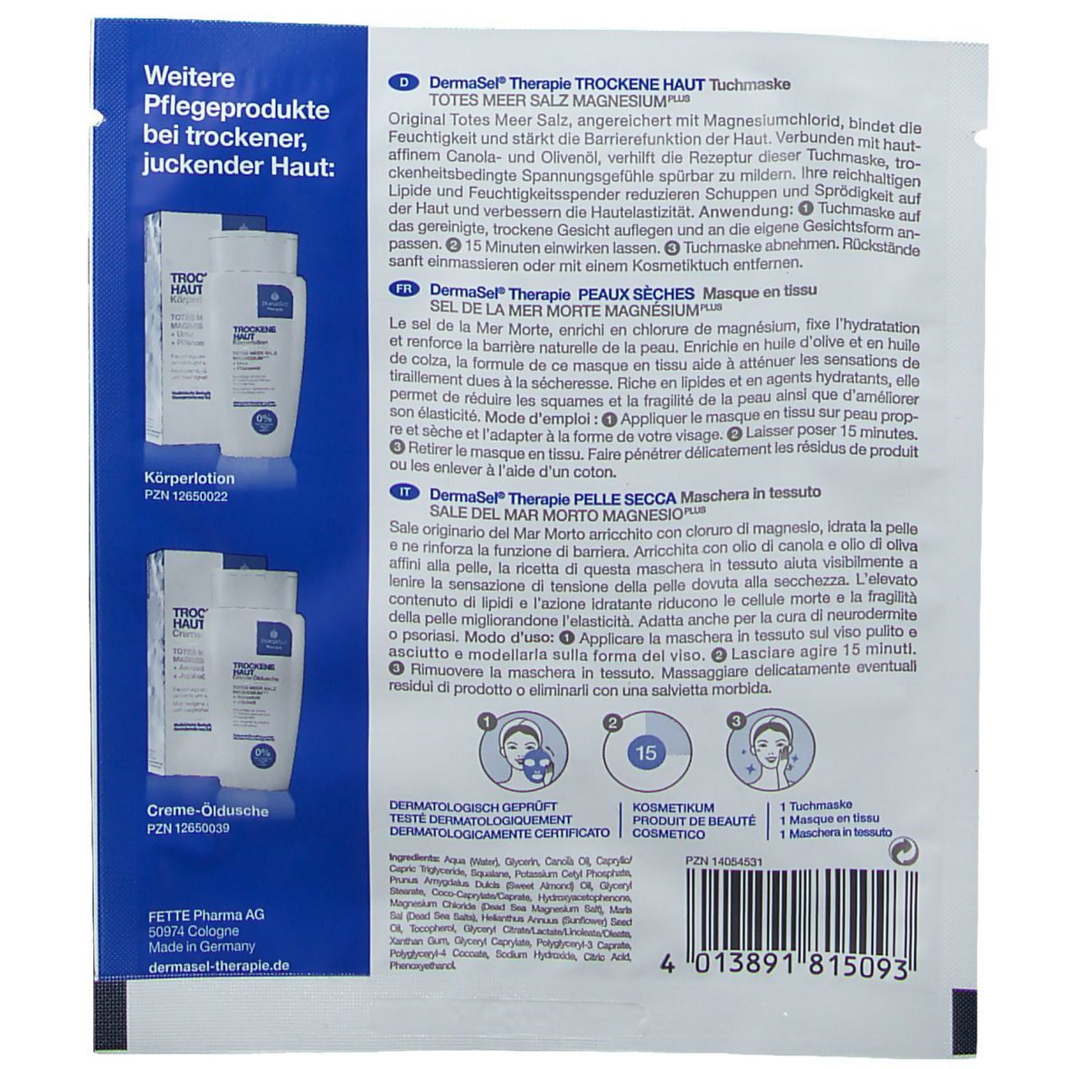 Verpackung einer Tuchmaske. Enthält Informationen zu Inhaltsstoffen und Anwendung. Marke: DERMASEL®.