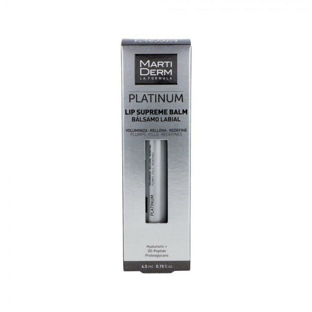 Verpackung des Lippenbalsams. Silberfarbene Schachtel mit Produktabbildung und Schriftzug. Vertikale Ausrichtung.