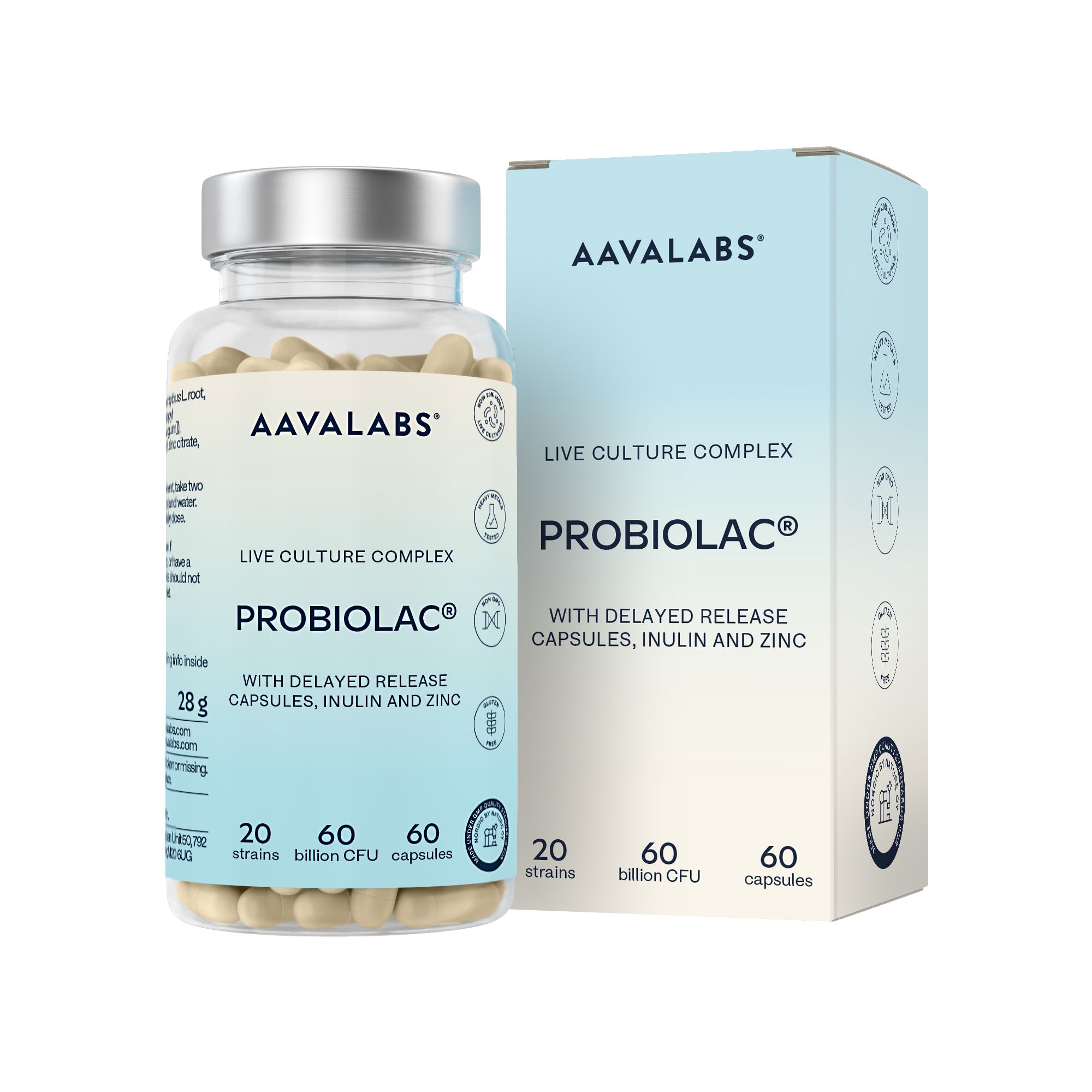 Zwei Flaschen mit Probiotika-Kapseln, AAVALABS PROBIOLAC, mit Kennzeichnungen wie 'Non GMO'.
