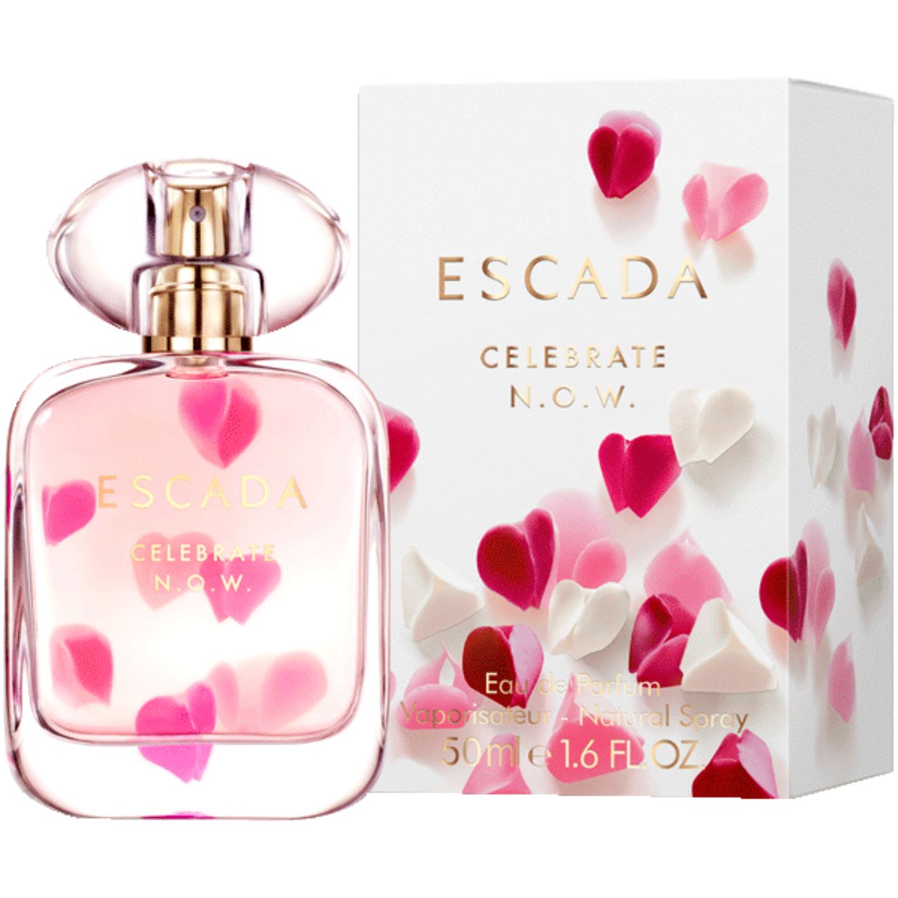 Parfümflakon und Verpackung. Flakon mit rosa Flüssigkeit und Blütenblättern. Aufschrift: ESCADA CELEBRATE N.O.W.