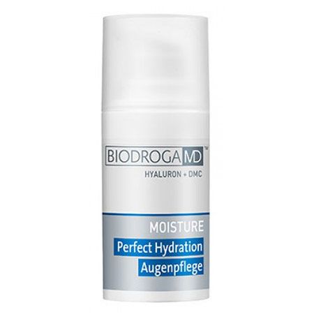 Zylindrische weiße Flasche. Oben: "BIODROGA MD". Darunter: "HYALURON + DMC". Unterhalb: "MOISTURE Perfect Hydration Augenpflege".