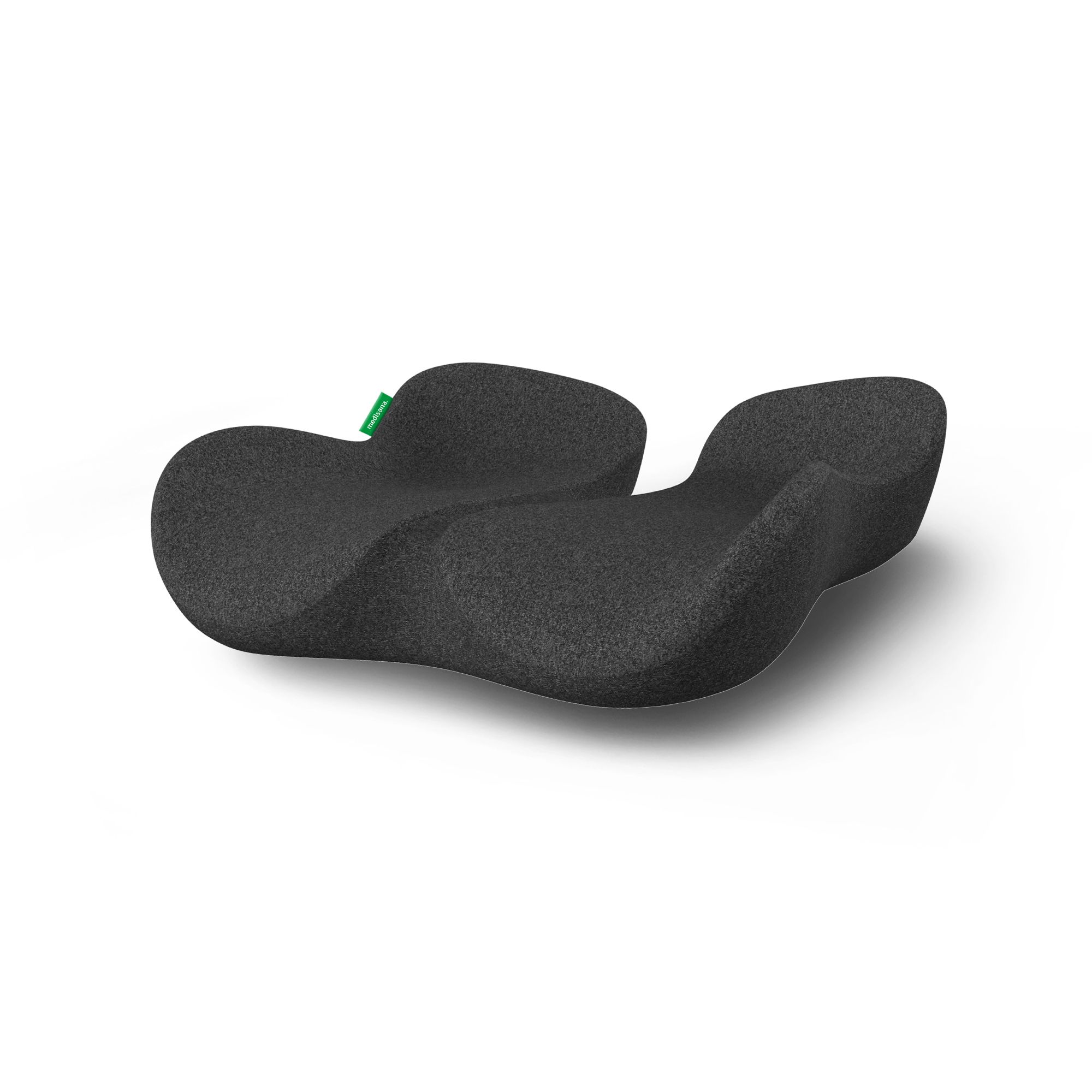 Ergonomisches Sitzkissen, grau, wellenförmig. Mit grünem Label. Geformt für Komfort und Unterstützung.