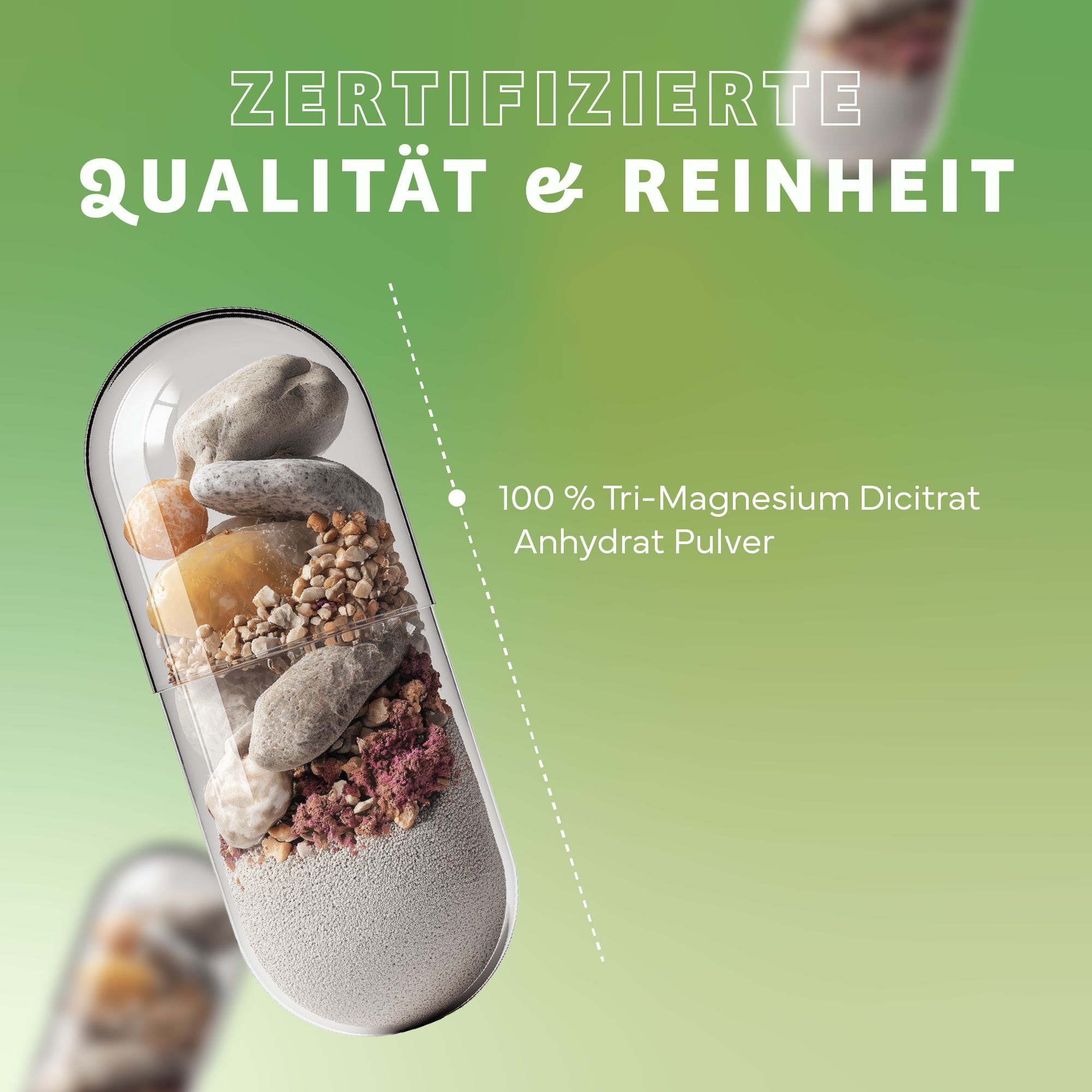 Kapsel mit Inhaltsstoffen. Text: 100% Tri-Magnesium Dicitrat Anhydrat Pulver. Zertifizierte Qualität & Reinheit.