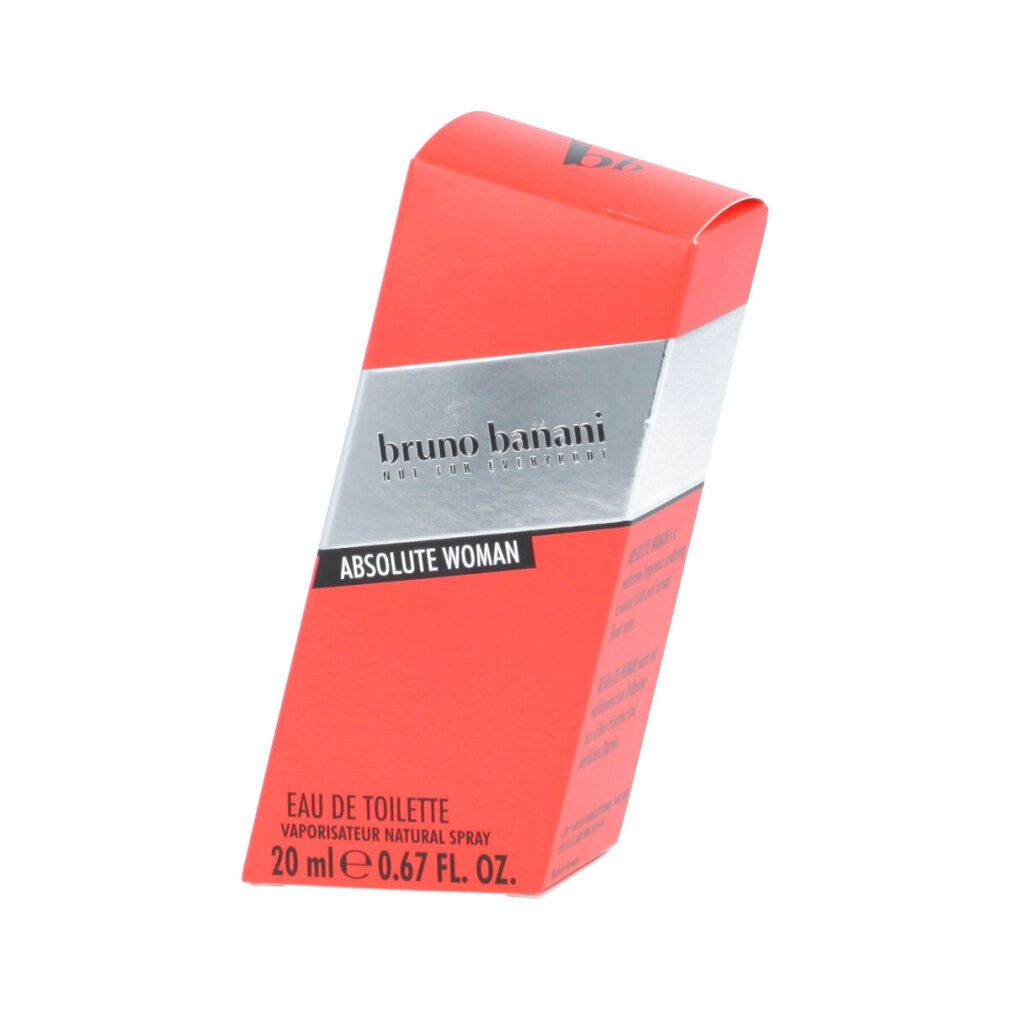 Rote Verpackung mit silbernem Streifen. Aufschrift: Bruno Banani Absolute Woman. Eau de Toilette.