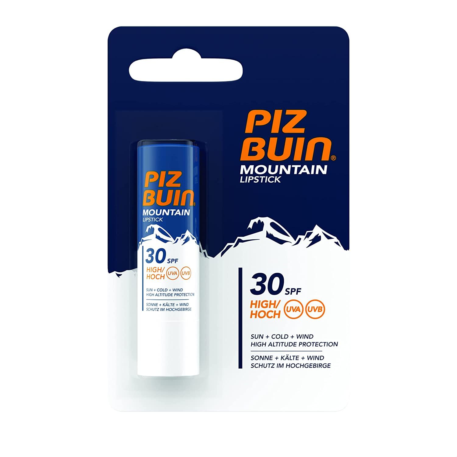 Verpackung von Piz Buin Mountain Lipstick. Blauer Lippenpflegestift mit weißer Kappe. LSF 30.