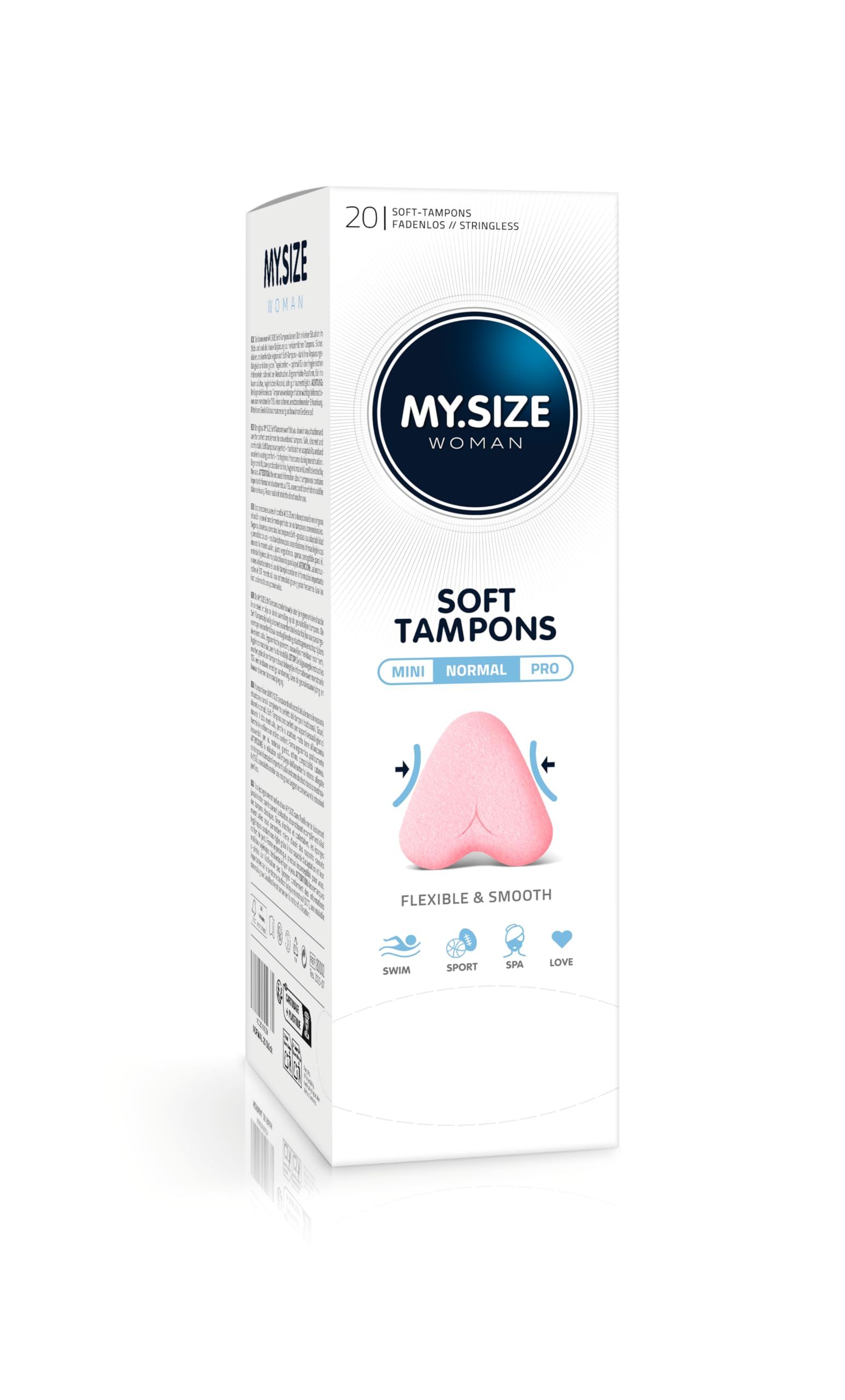 Verpackung MY.SIZE Woman Soft Tampons Normal, 20 Stück. Rosa Tampon-Form abgebildet.